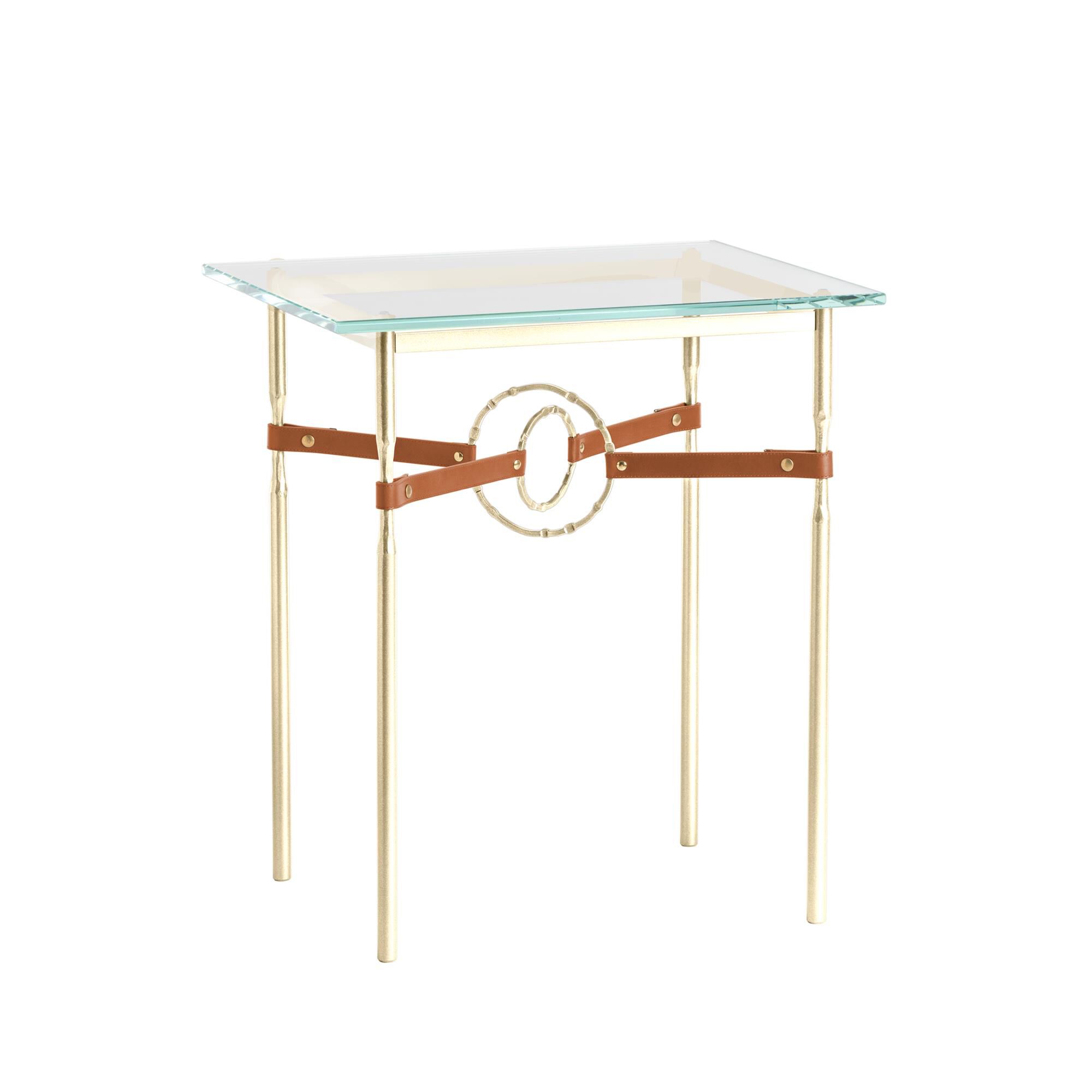 Shown in Modern Brass finish and Modern Brass Metal Detail with Chestnut Leather accent