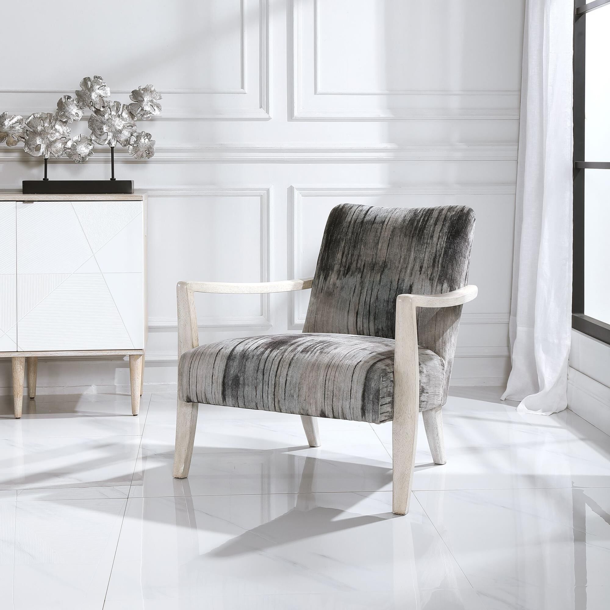 Shown in Reminiscent Of Tie Dye, This Statement Accent Chair Features A Unique Abstract Charcoal, Gray And Bl finish