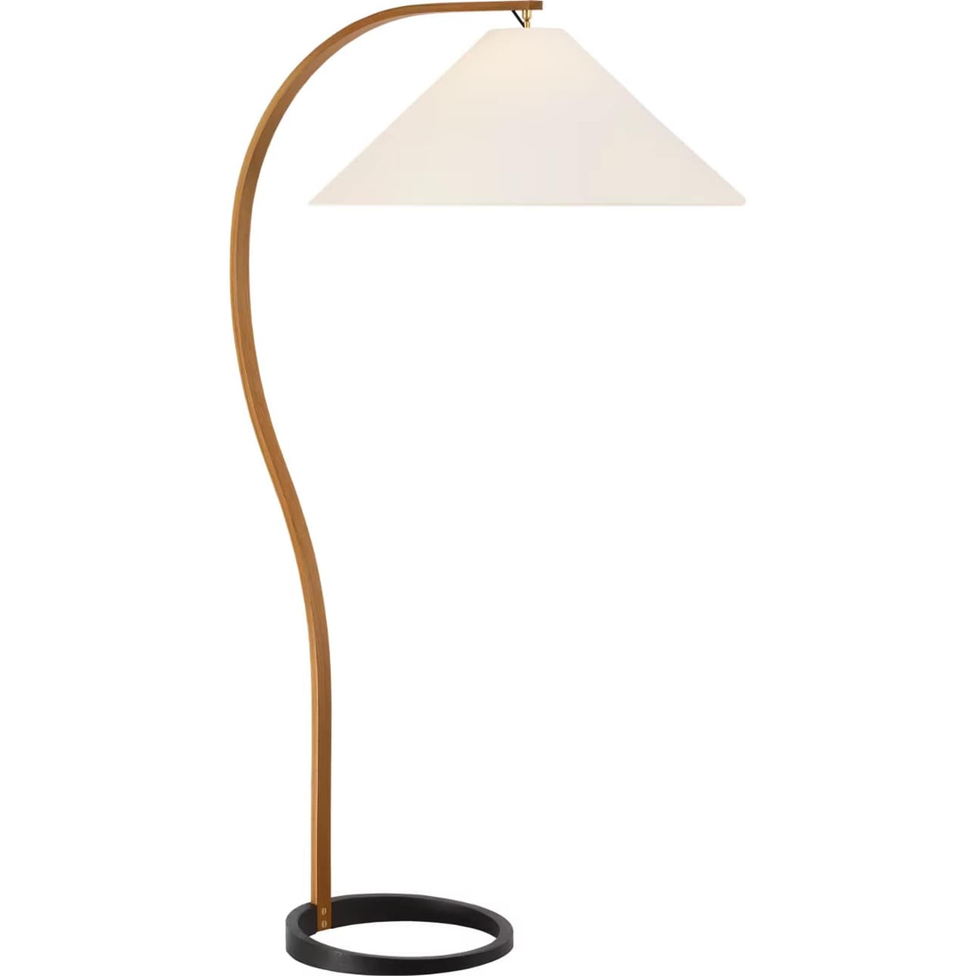 Shown in Teak and Matte Black finish and Linen shade