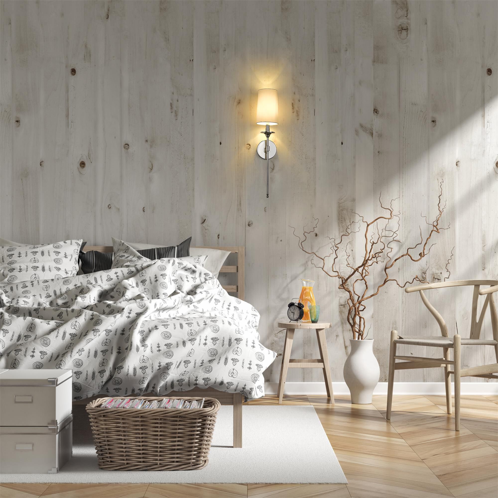 Shown in Polished Nickel finish and Fabric glass and Fabric shade