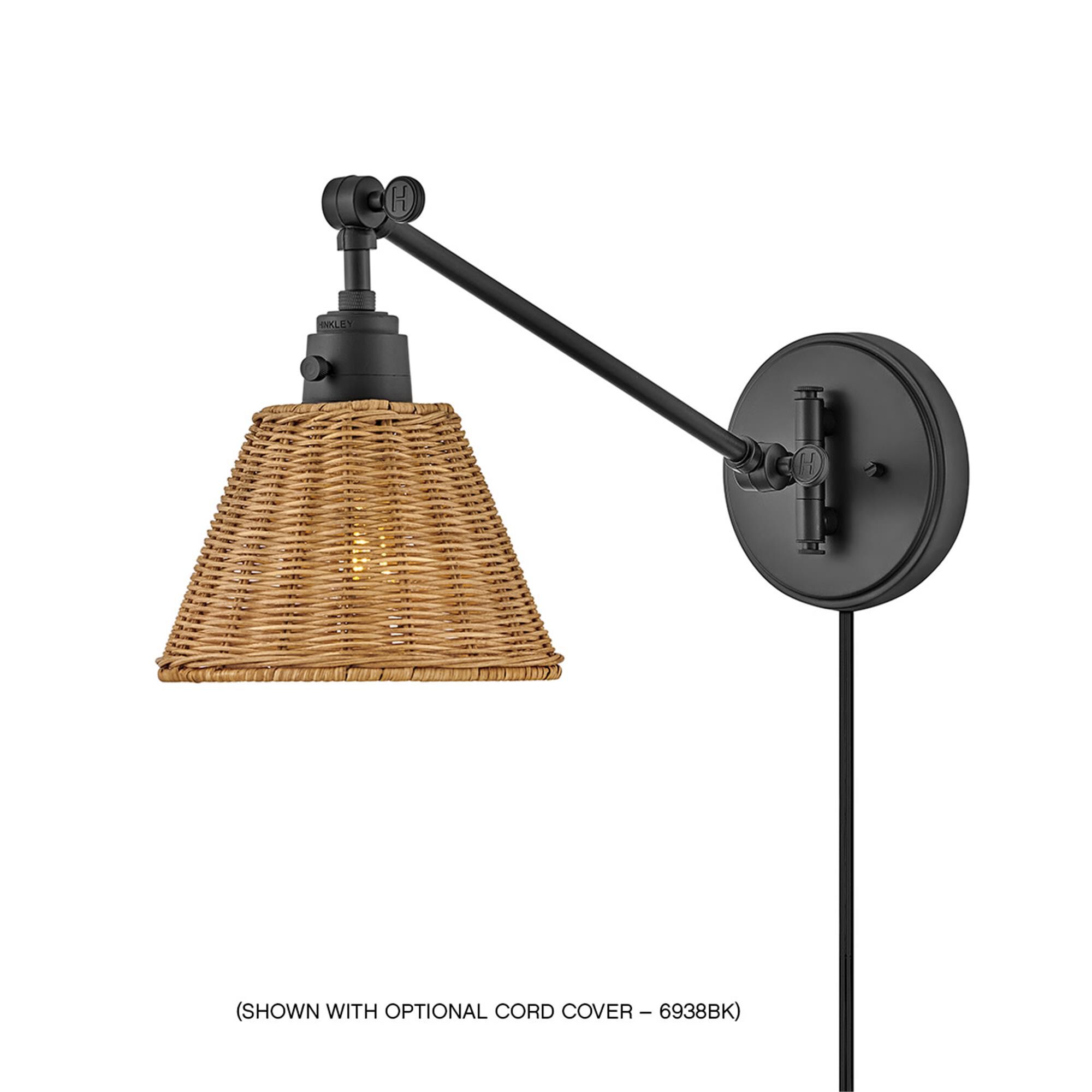 Shown in Black finish and Light Natural Rattan shade