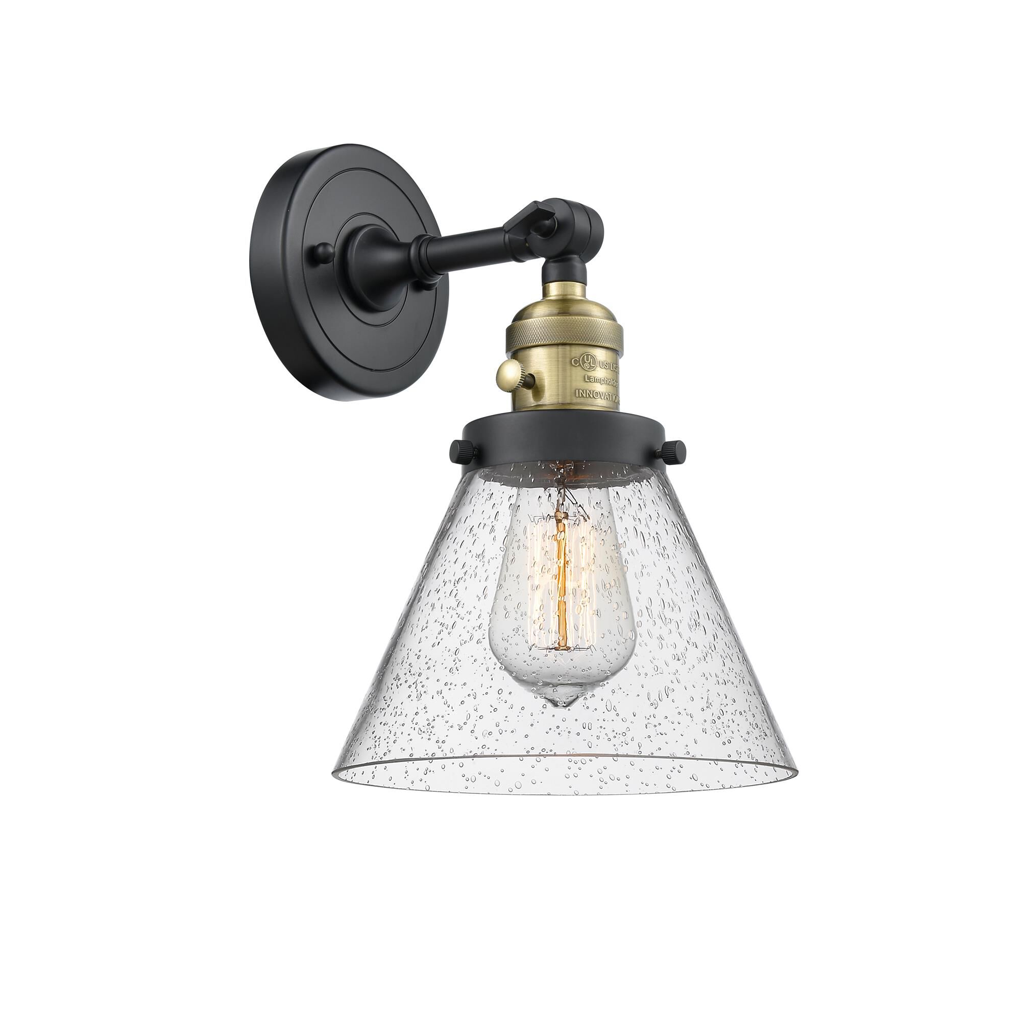 Shown in Black Antique Brass finish and Seedy glass and Brushed Satin Nickel shade and Switch on Socket accent