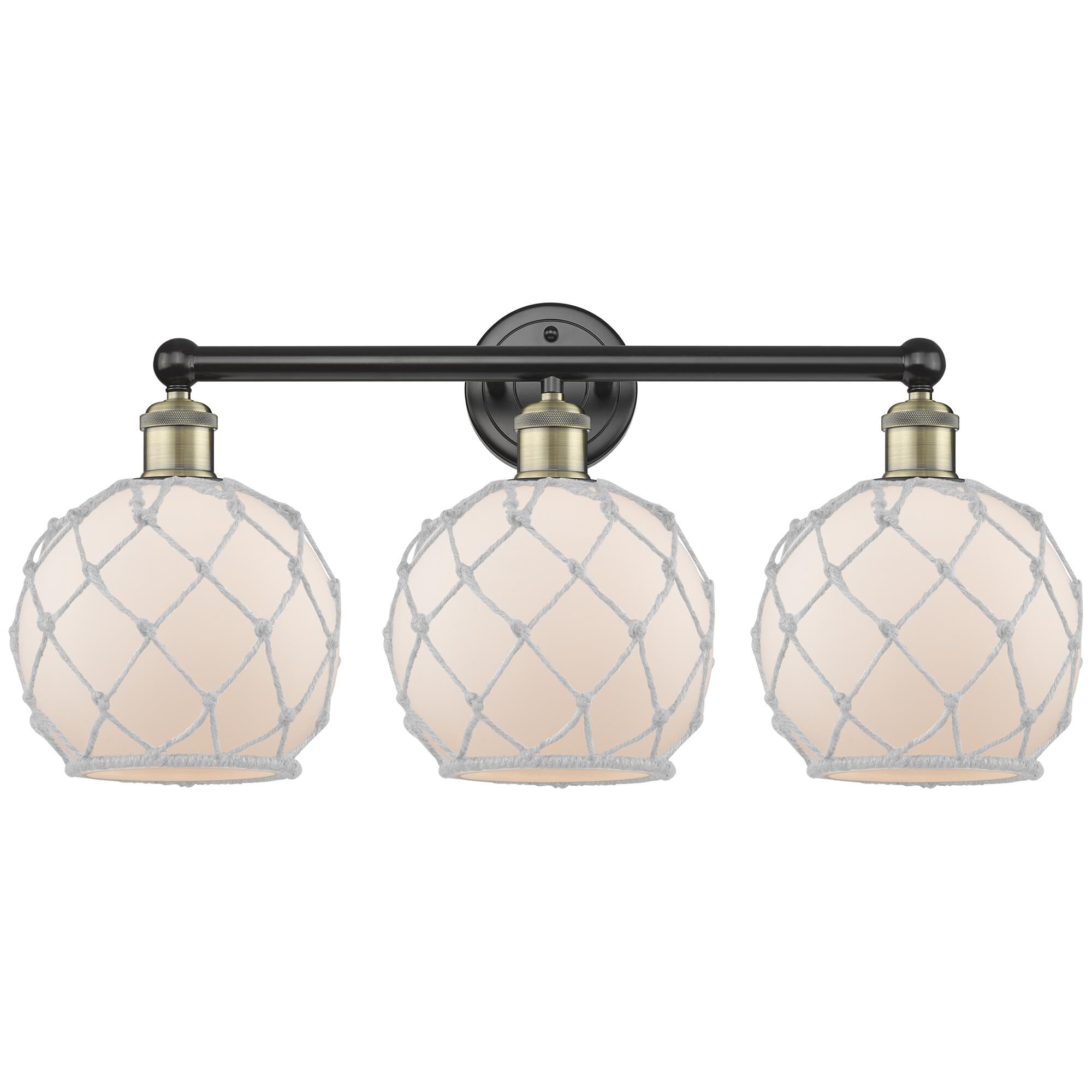 Shown in Black Antique Brass finish and White with White Rope glass