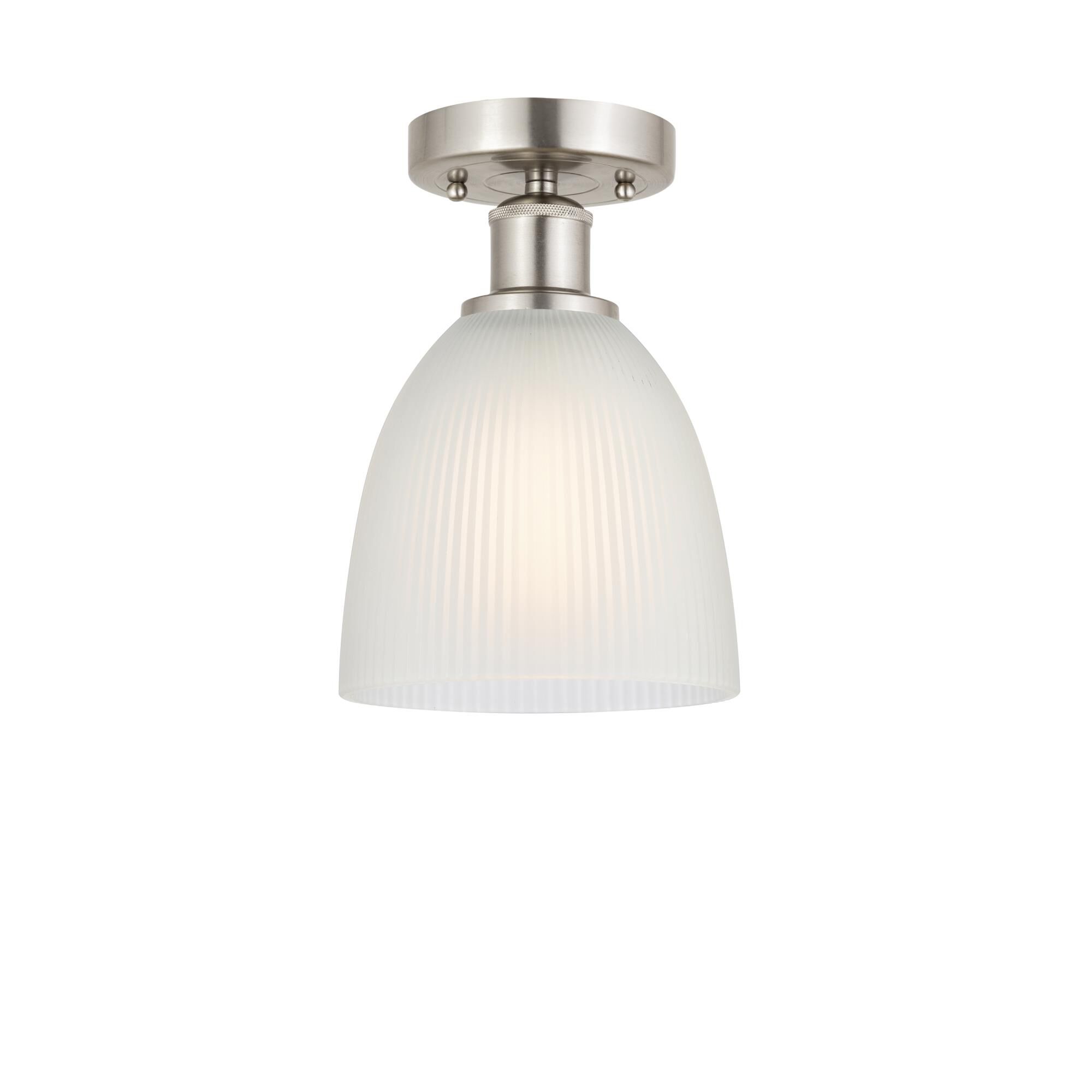 Shown in Brushed Satin Nickel, White finish and White glass and White Glass shade