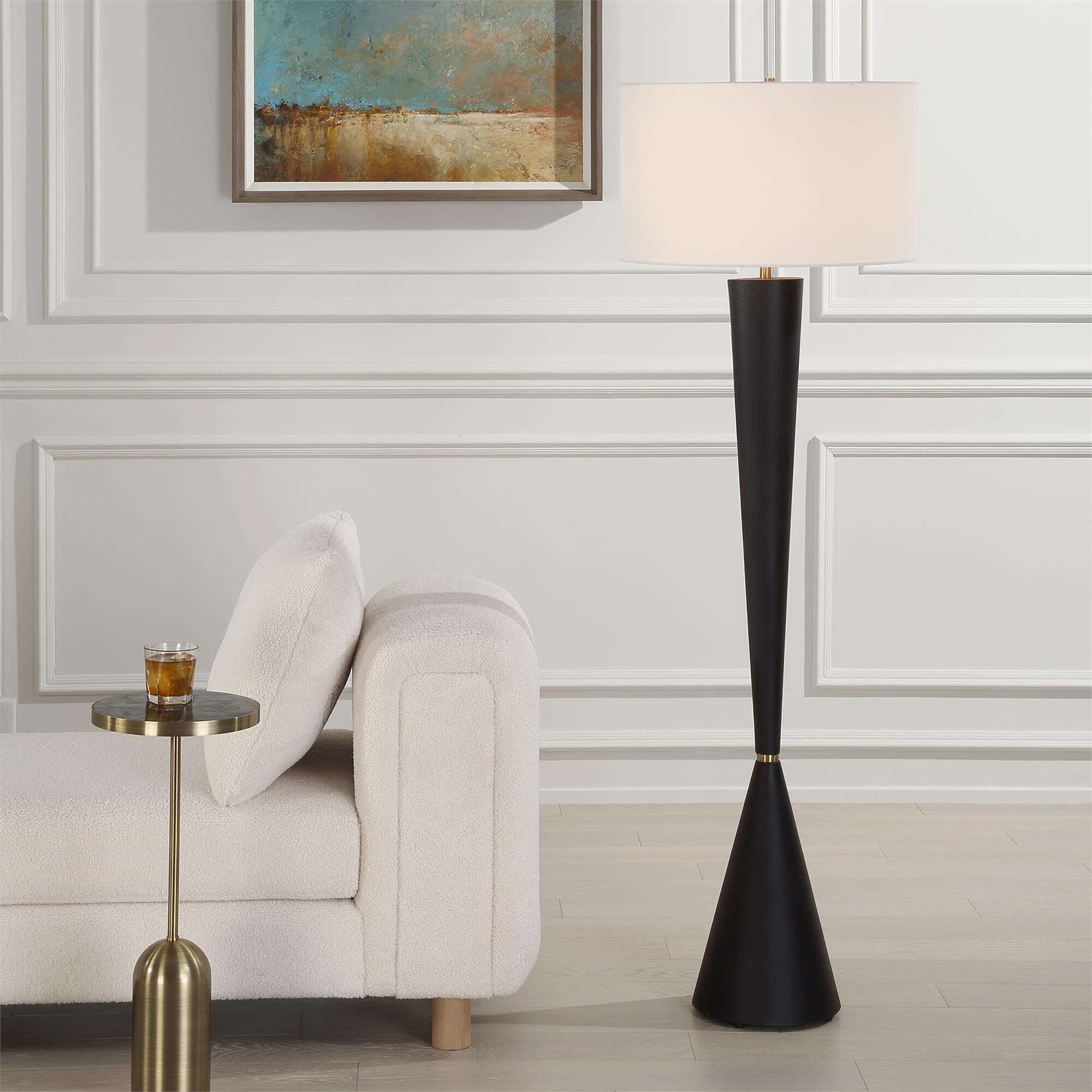Shown in This Floor Lamp Features A Tapered Iron Base Finished In A Lightly Textured Black, Complemented By A finish and Round Drum Hardback shade
