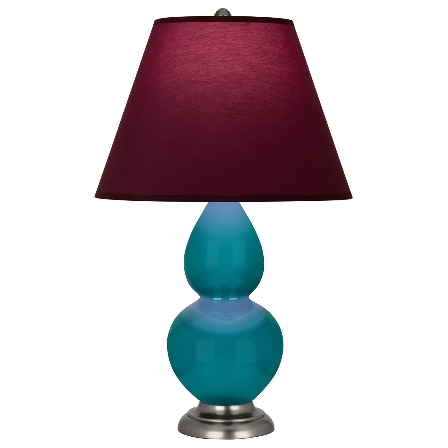 Shown in Peacock finish and Plum and Lavender shade and Antique Silver accent