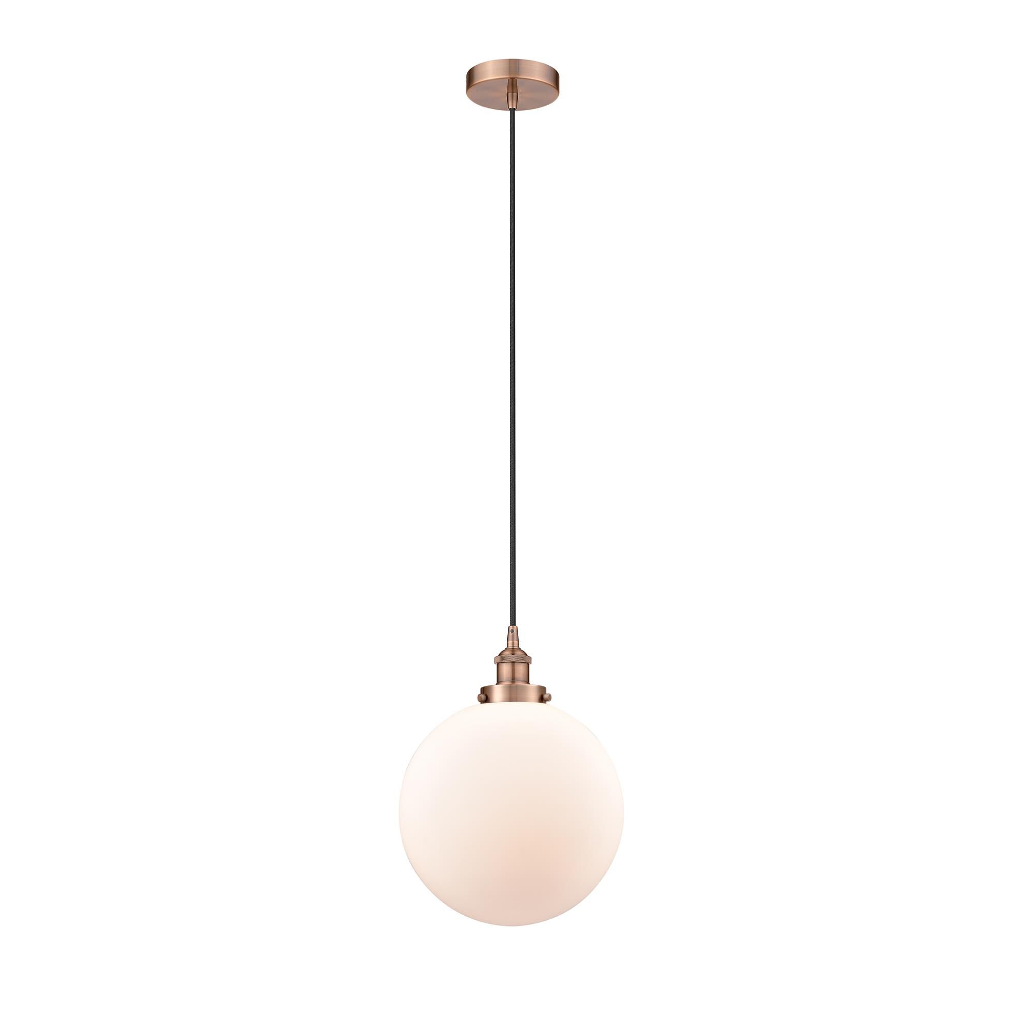 Shown in Antique Copper finish and Matte White Cased Beacon glass