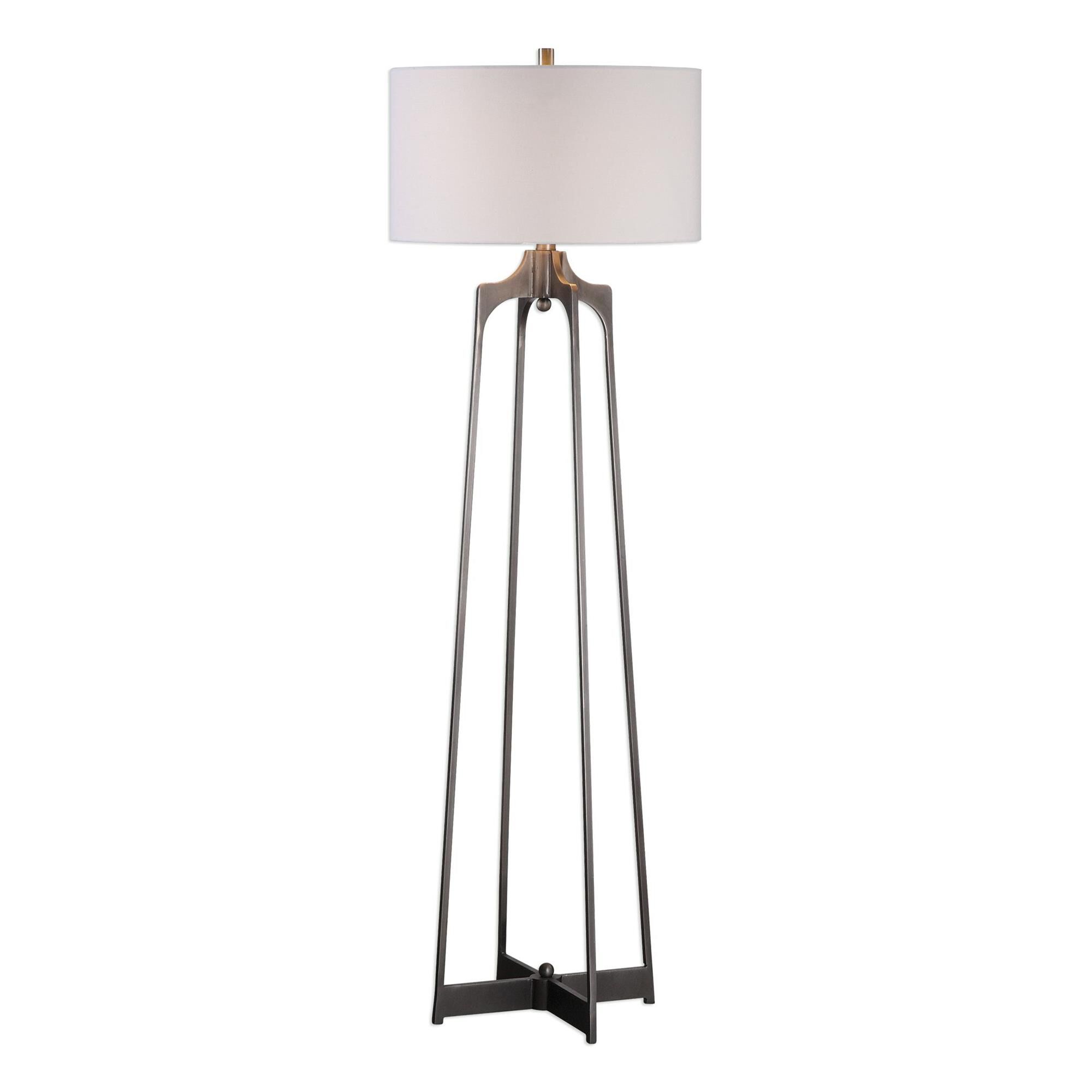 Shown in Plated Aged Gun Metal finish and White Linen Fabric Round Hardback Drum shade