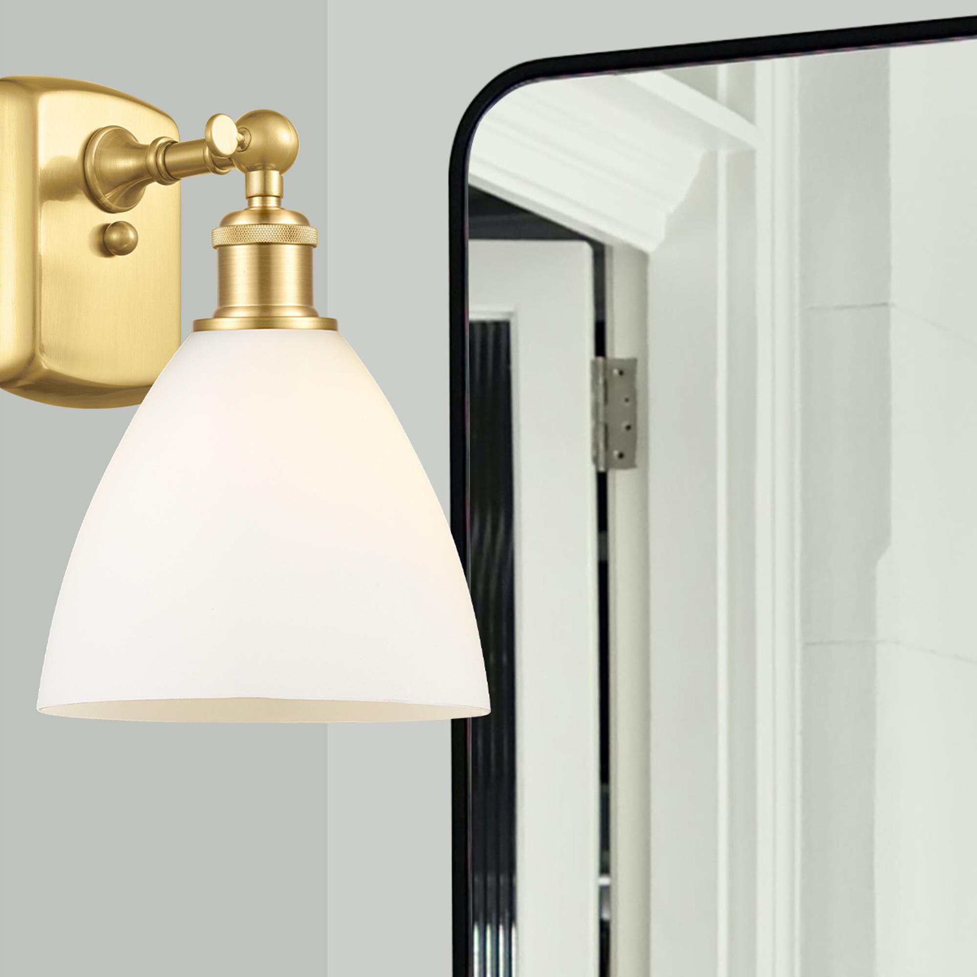 Shown in Satin Gold finish and Cased Matte White Ballston Dome glass and No Shade shade