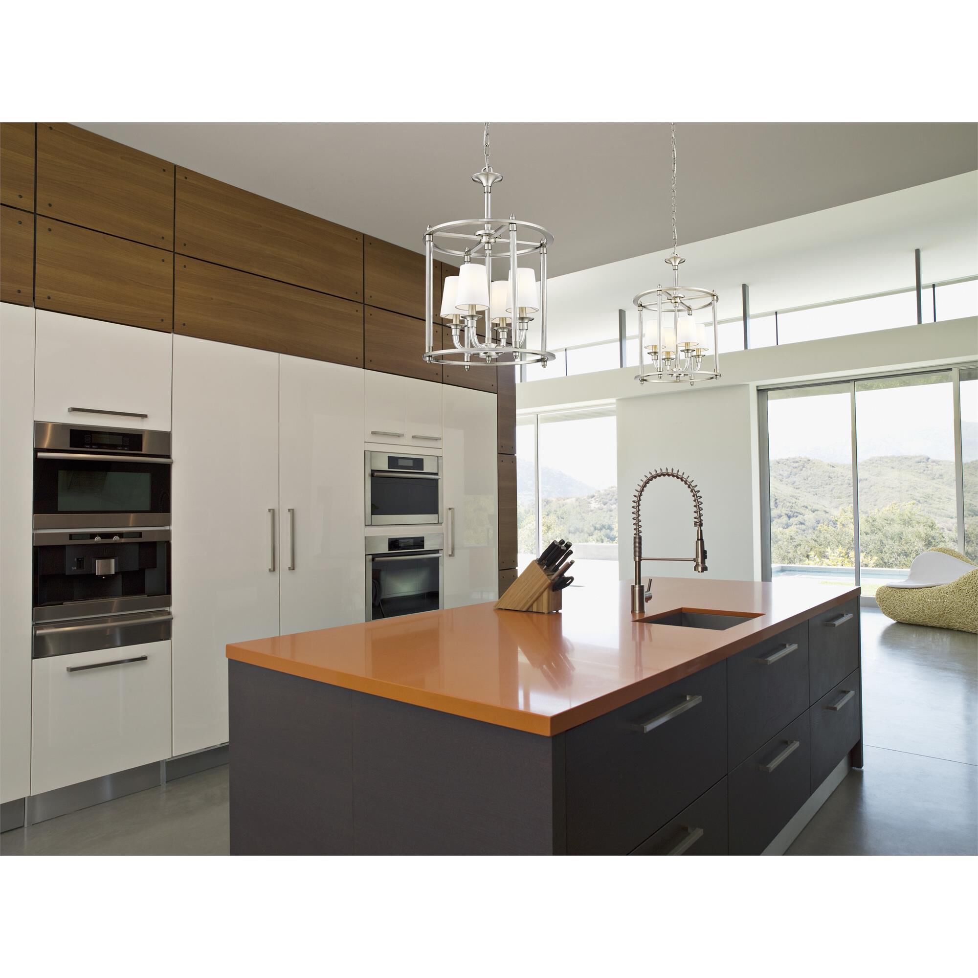 Shown in Brushed Nickel finish and White glass and White shade