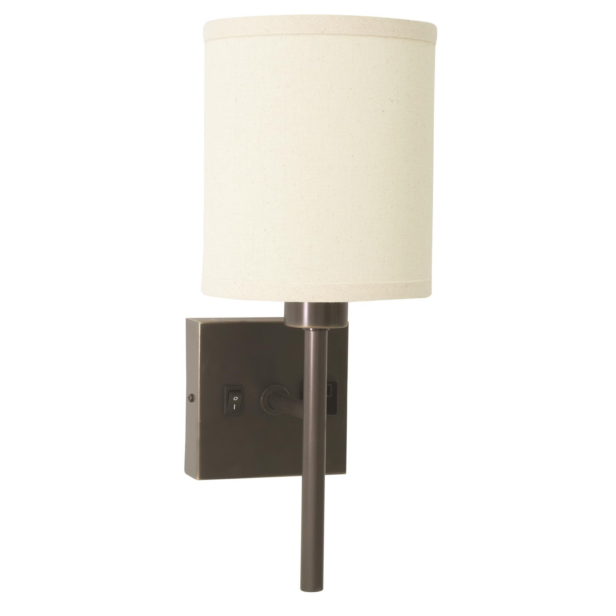 Shown in Oil Rubbed Bronze finish and Off-White Linen Hardback shade