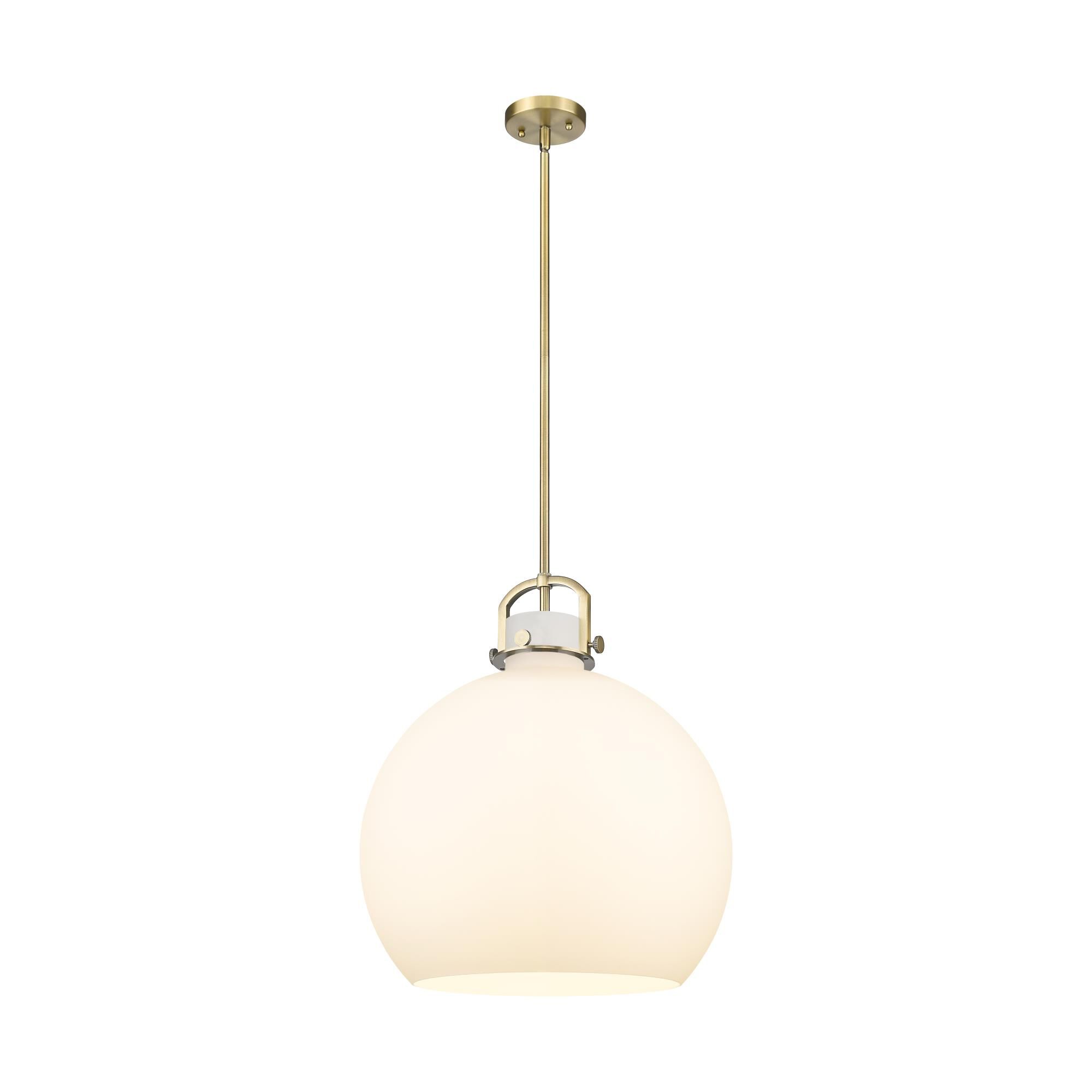 Shown in Brushed Brass finish and Matte White glass