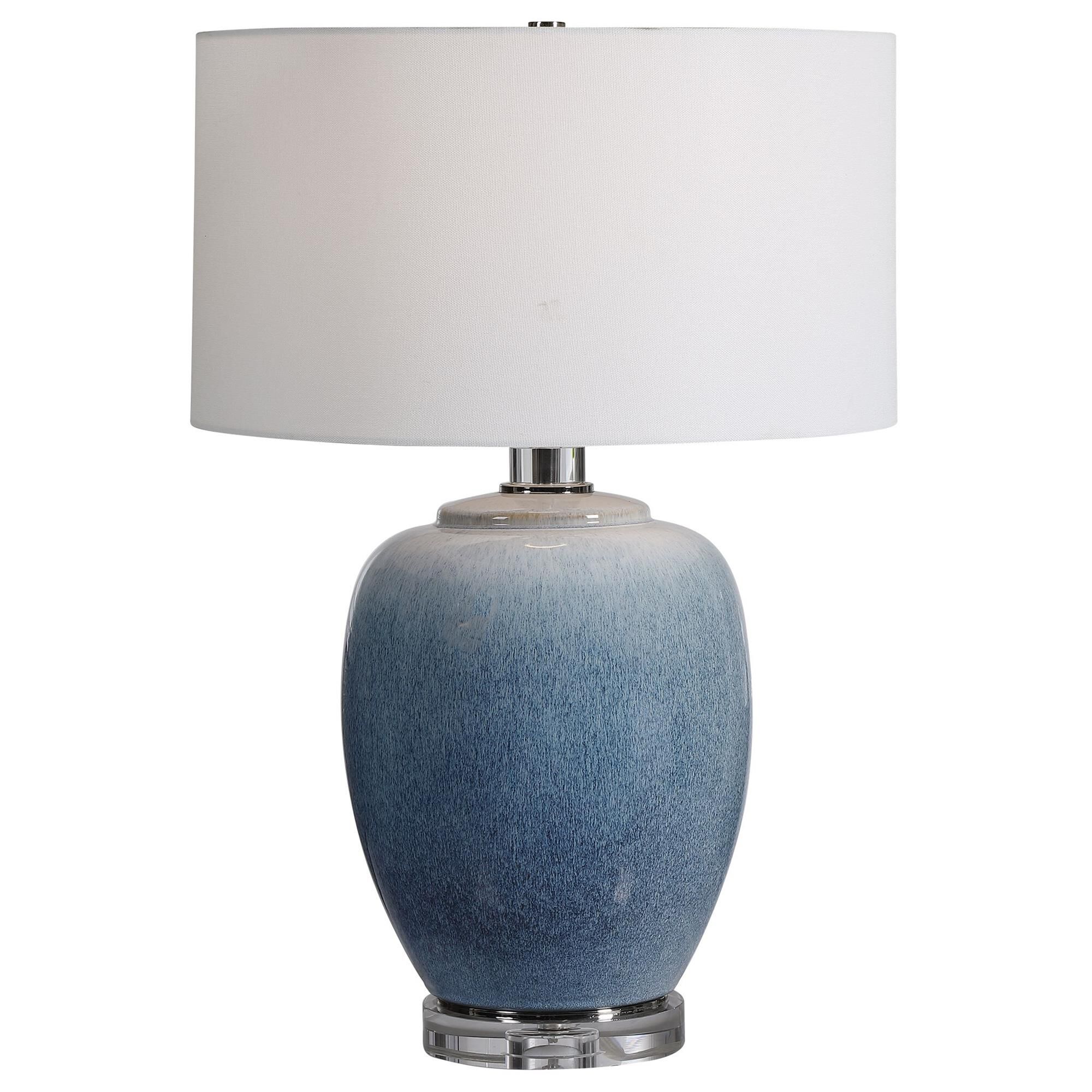 Shown in Ceramic Table Lamp Showcases Vibrant Shades Of Cobalt And Aqua That Transition Into A Subtle Ombre T finish and Drum Hardback  Rolled Edge shade