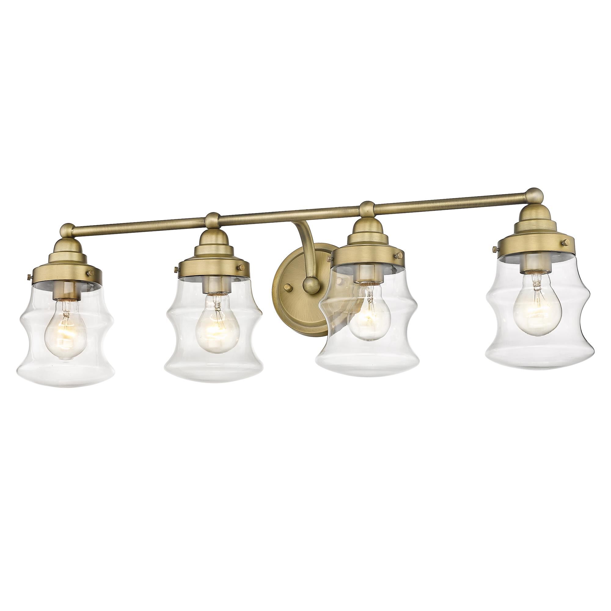 Shown in Antique Brass finish and Clear Glass shade