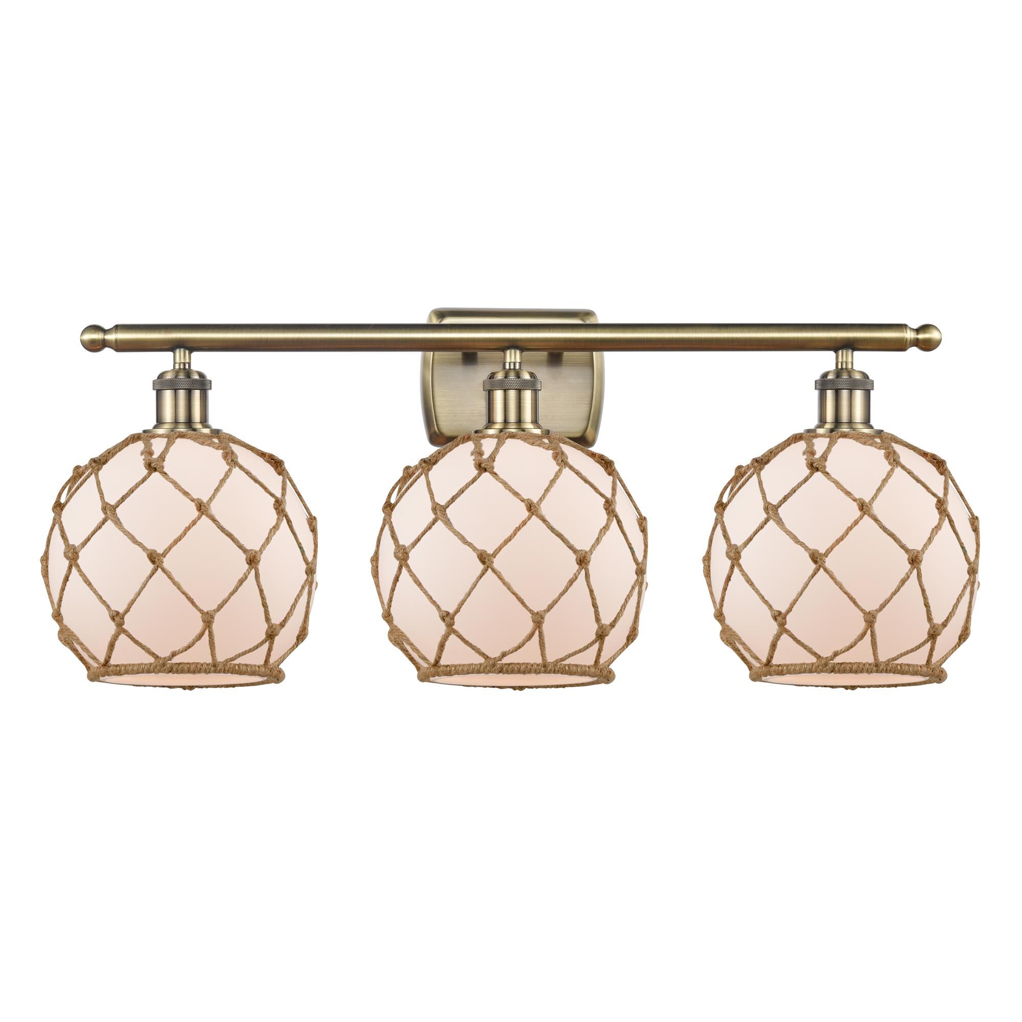 Shown in Antique Brass finish and Sphere glass and Glass And Rope shade