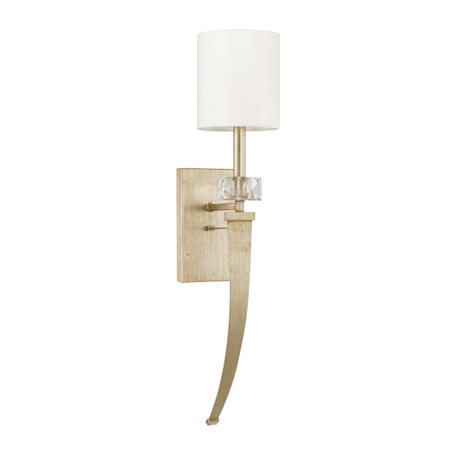 Shown in Winter Gold finish and Decorative White Fabric Stay-Straight shade