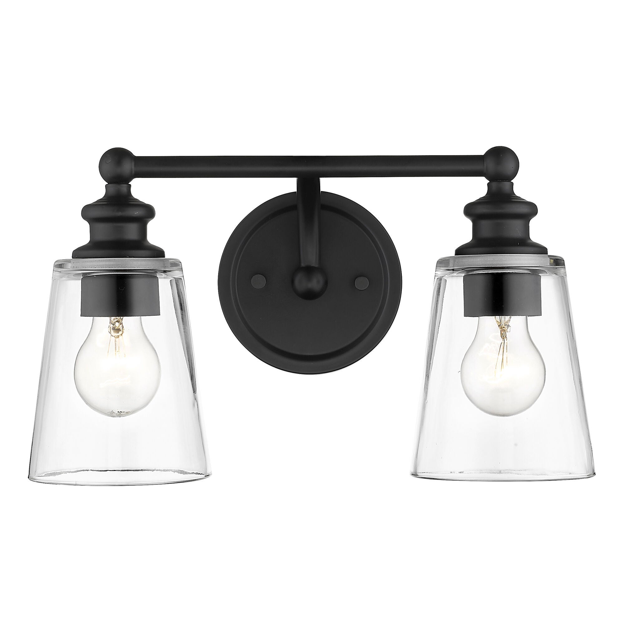 Shown in Matte Black finish and Clear glass and Clear, Cone Shaped Glass shade