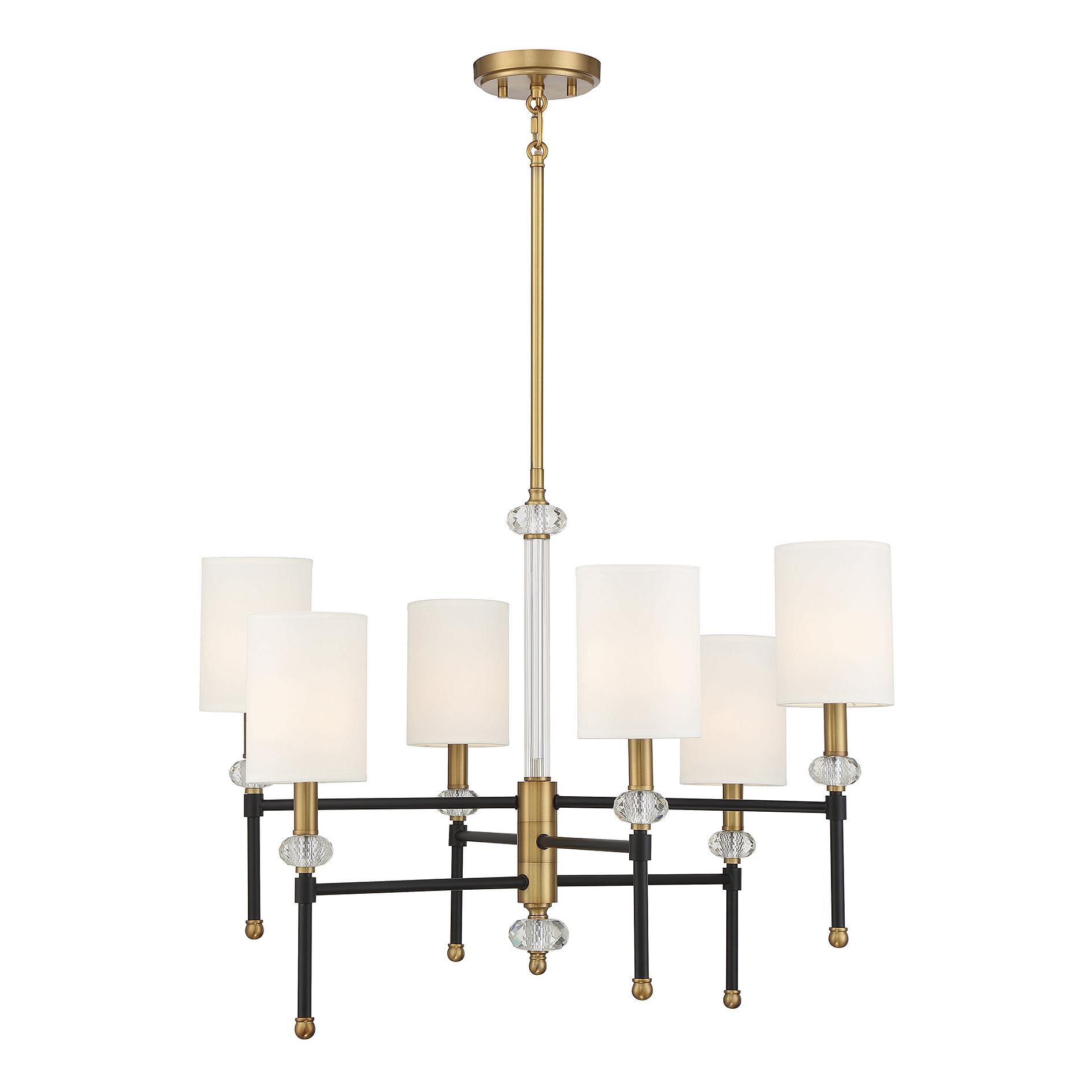 Shown in Matte Black With Warm Brass Accents finish and Clear Accents crystal and White Fabric shade
