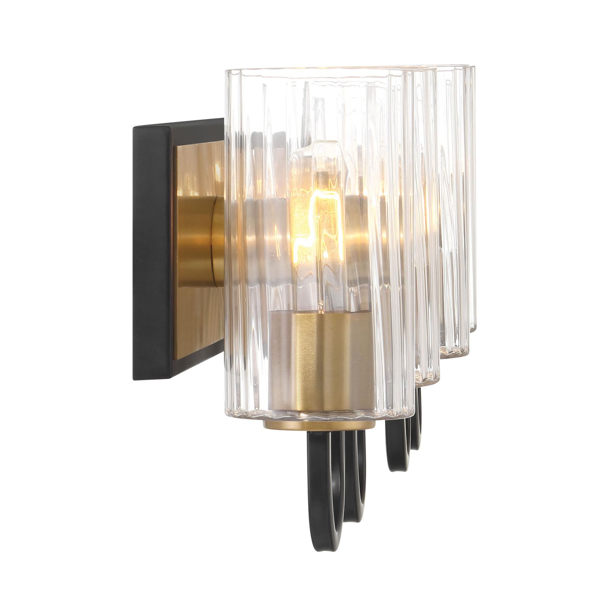 Shown in Legacy Brass & Dark Matte Blac finish and Clear glass and Ribbed Glass shade