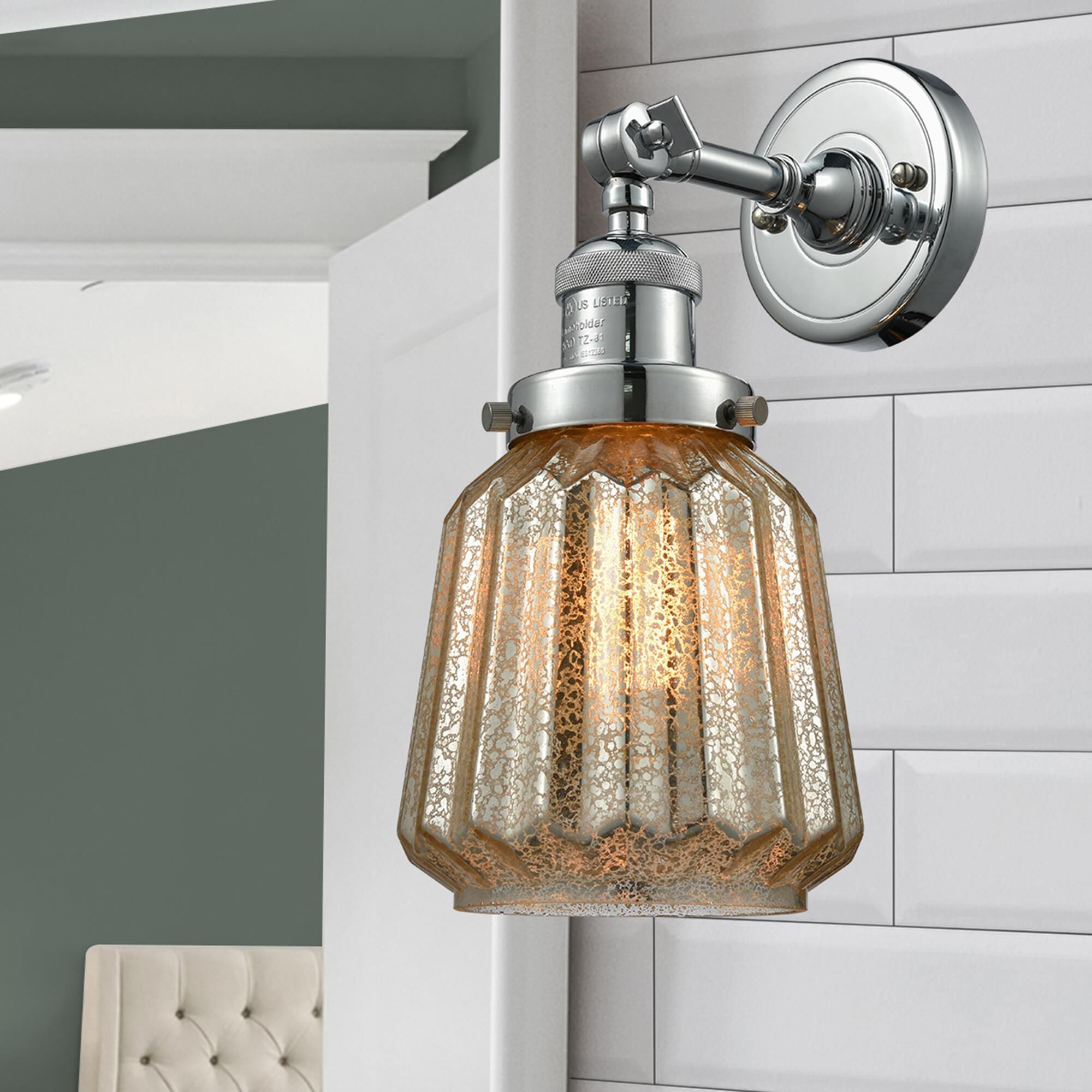 Shown in Polished Nickel finish and Mercury Fluted glass