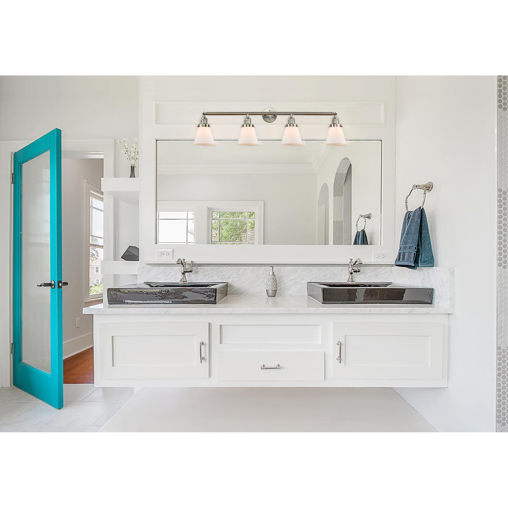 Shown in Brushed Satin Nickel finish and Matte White Cased glass