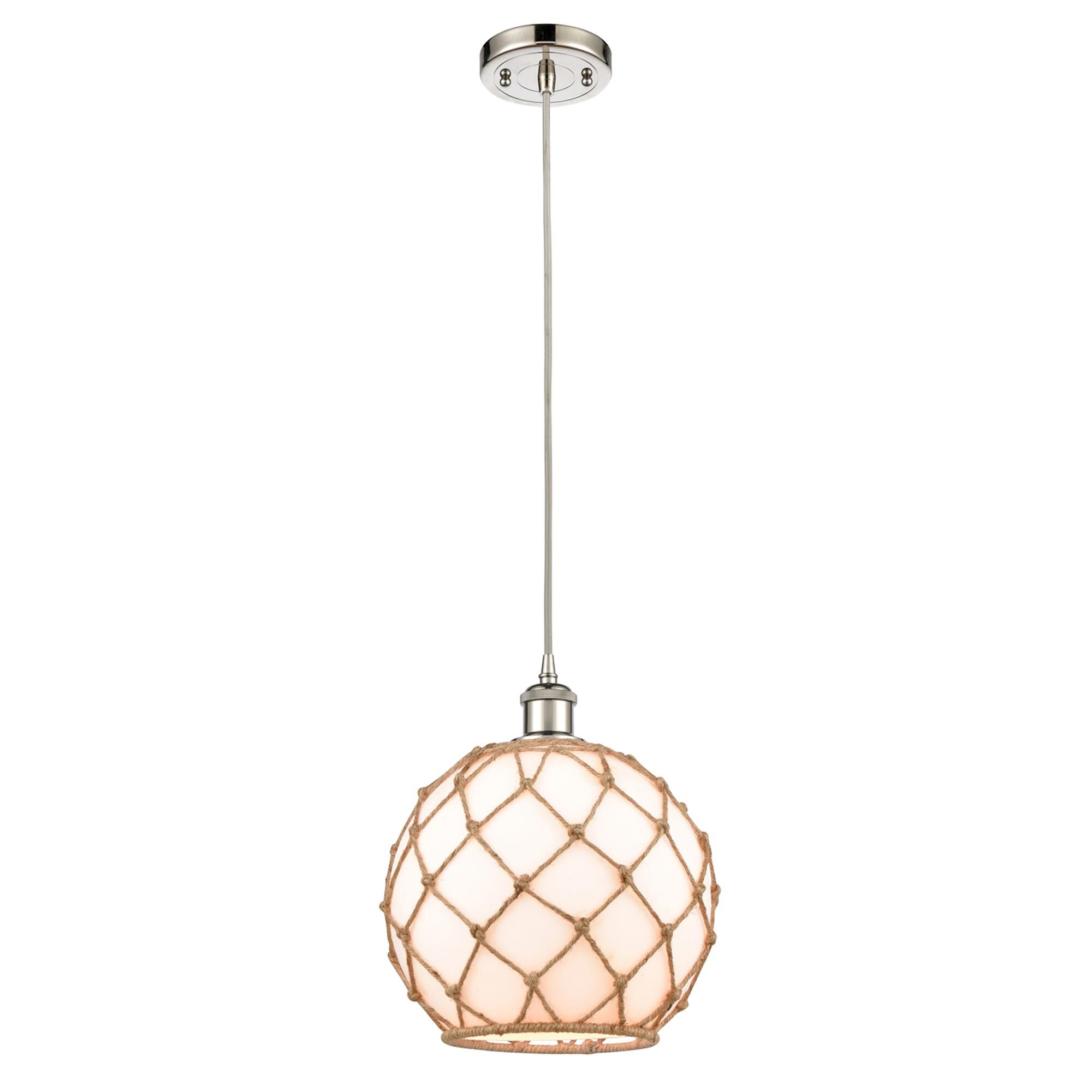 Shown in Polished Nickel finish and White Large Farmhousewith Brown Rope glass