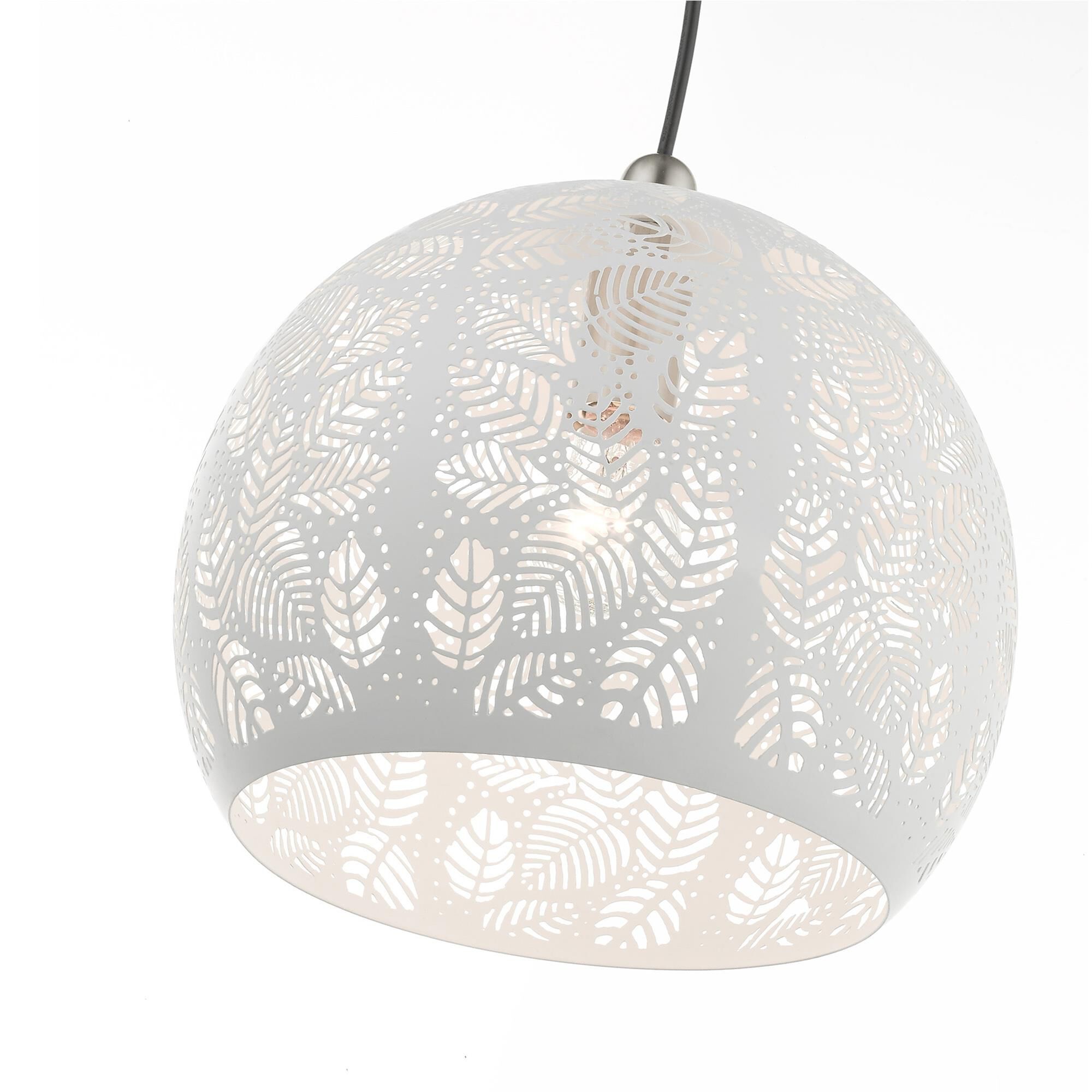 Shown in White With Brushed Nickel Accents finish and White Ornamental Metal Shade With White Finish Inside glass and White Ornamental Metal  With White Finish Inside shade