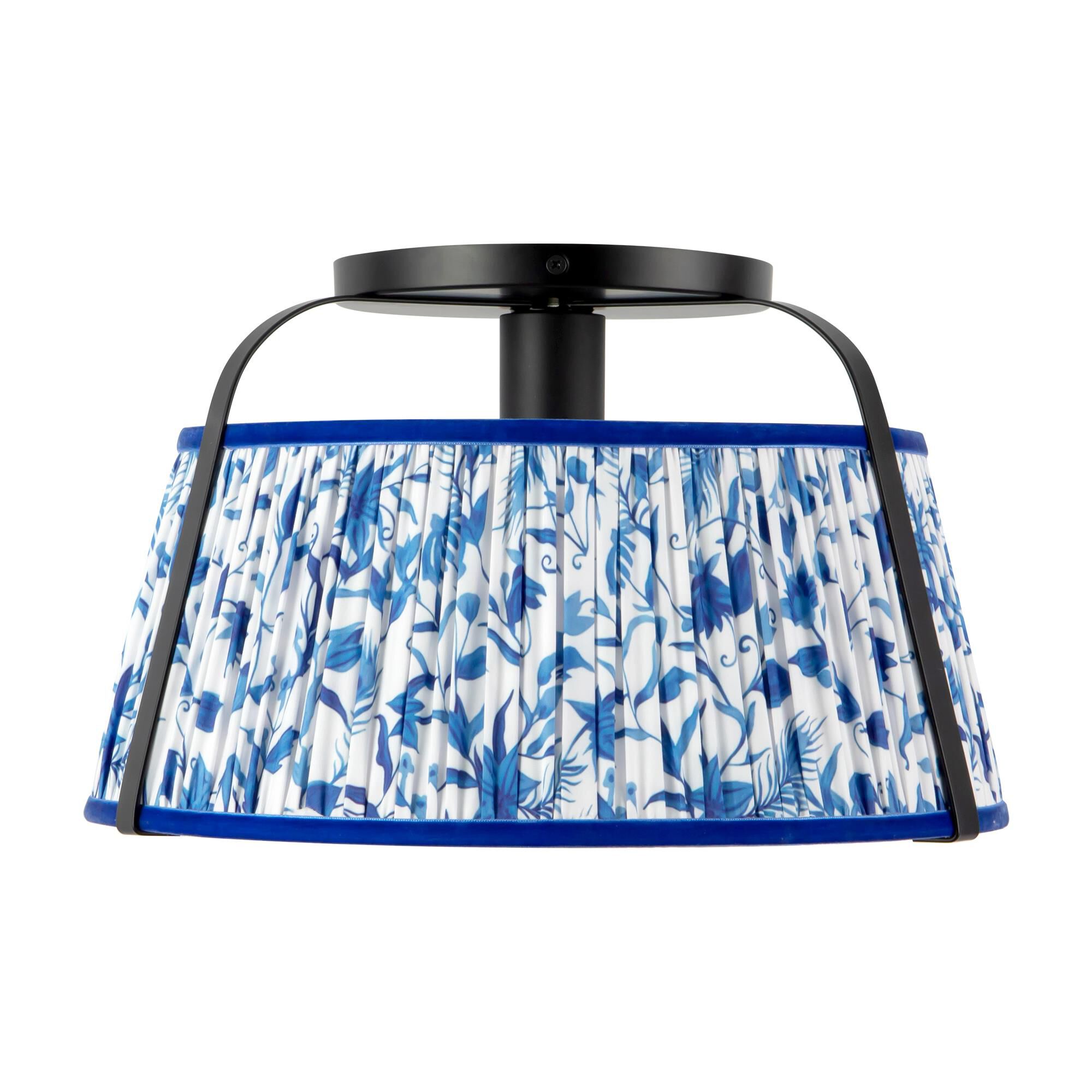 Shown in Matte Black finish and Frosted Polycarbonate Diffuser glass and Blue Linen shade