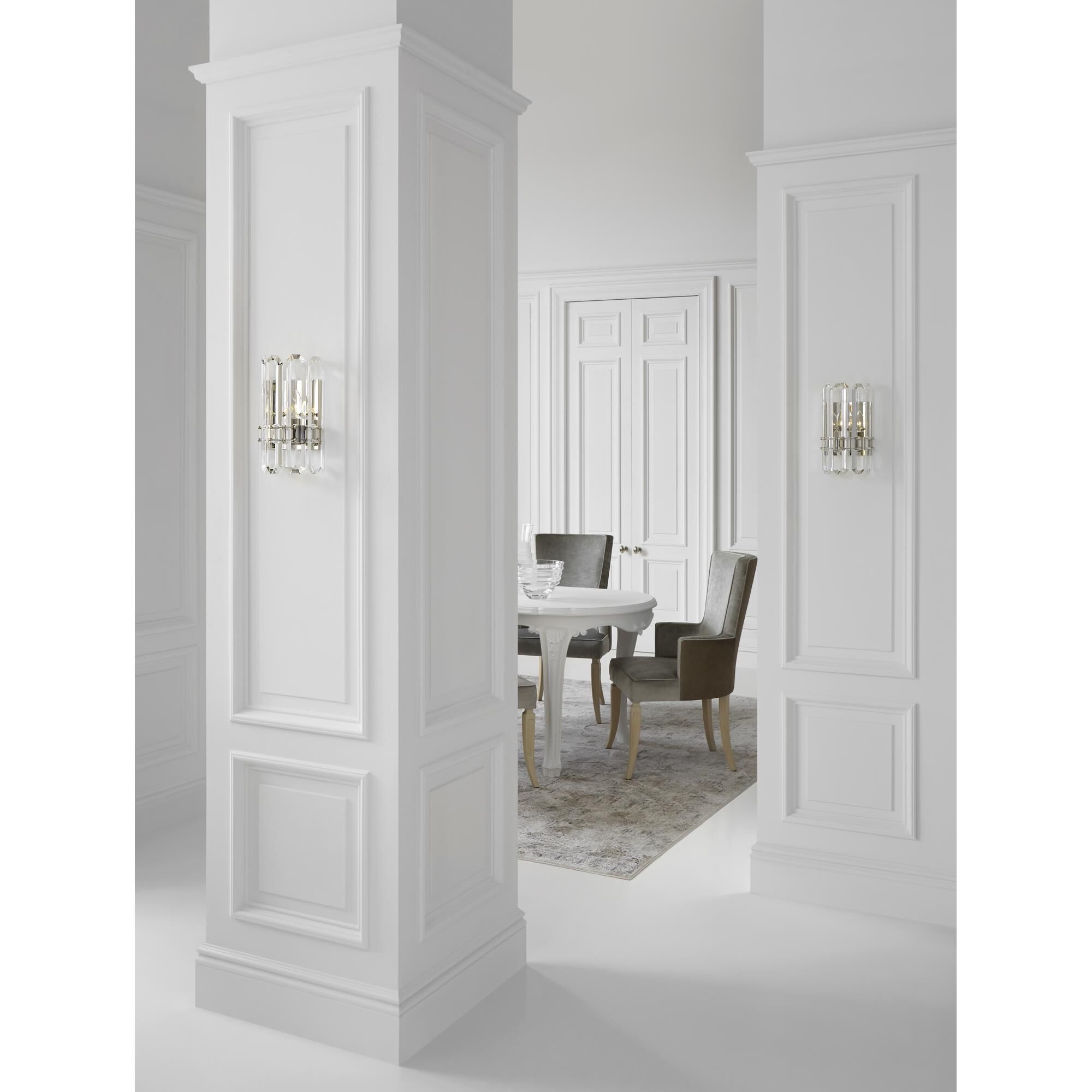 Shown in Polished Nickel finish and Crystal glass