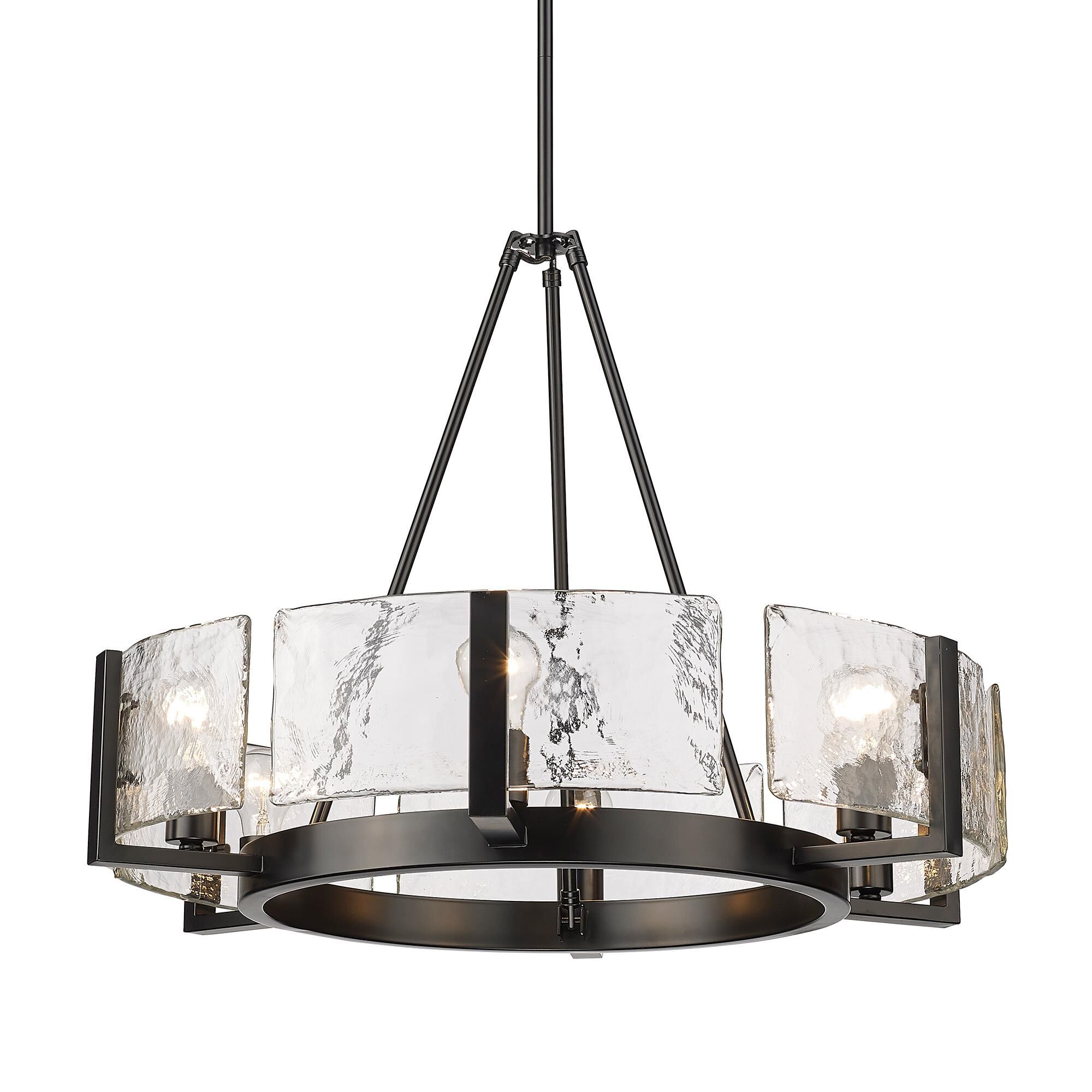 Shown in Matte Black finish and Hammered Water Glass shade