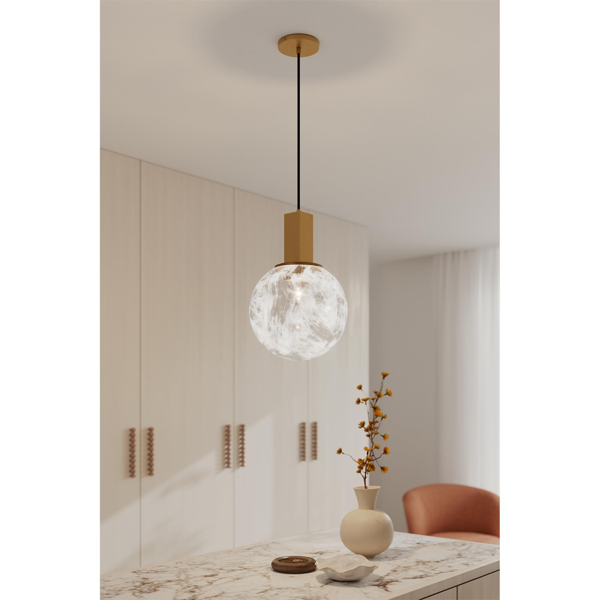 Shown in Legacy Brass finish and White Bubble glass