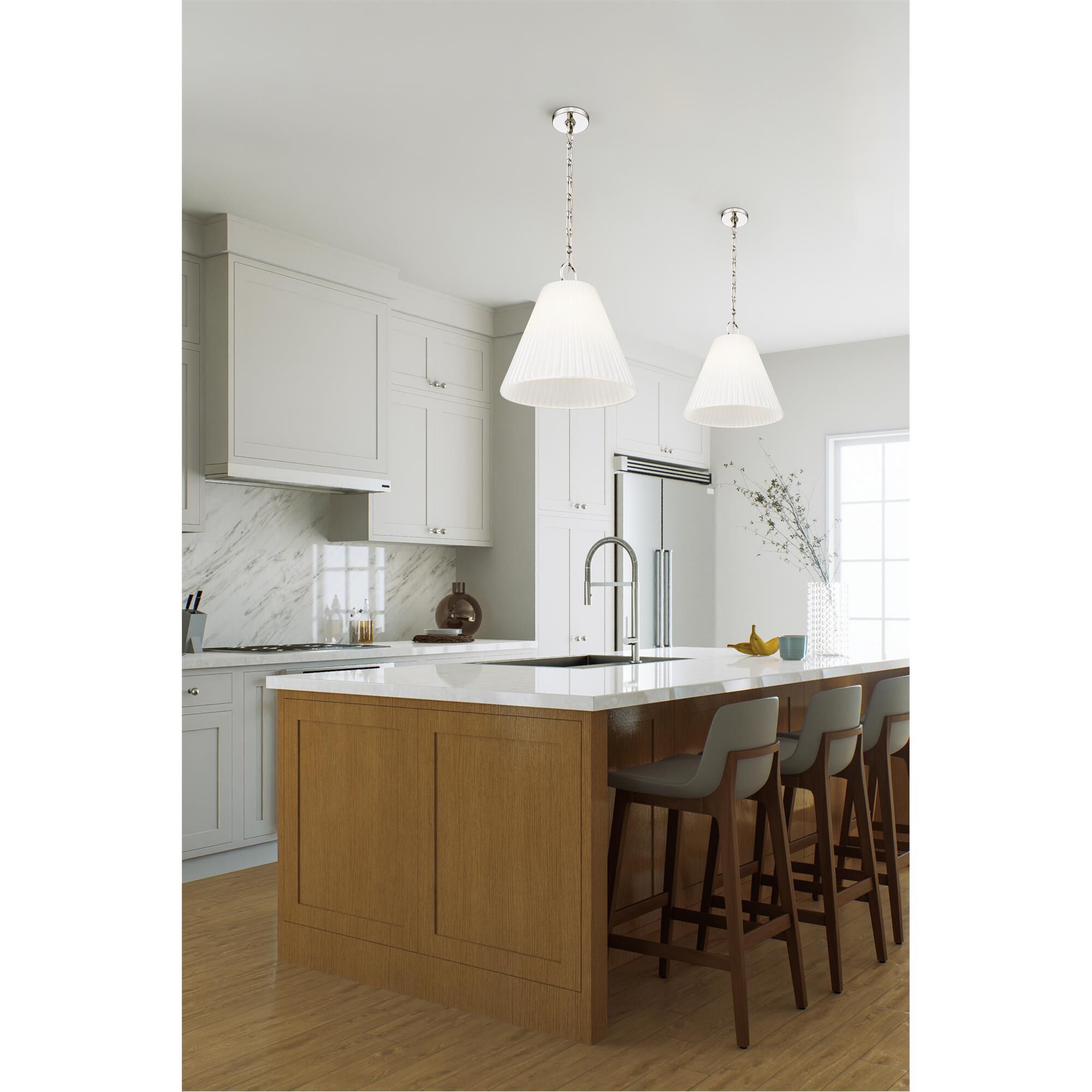 Shown in Polished Nickel finish and White glass and White shade