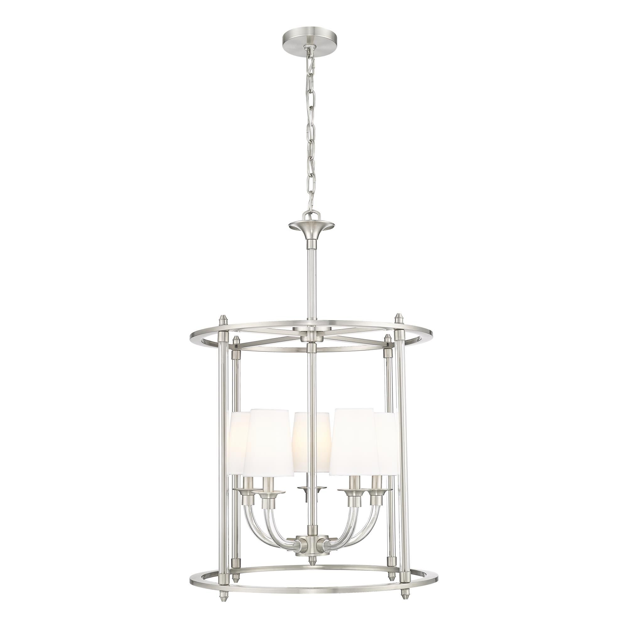 Shown in Brushed Nickel finish and White glass and White shade