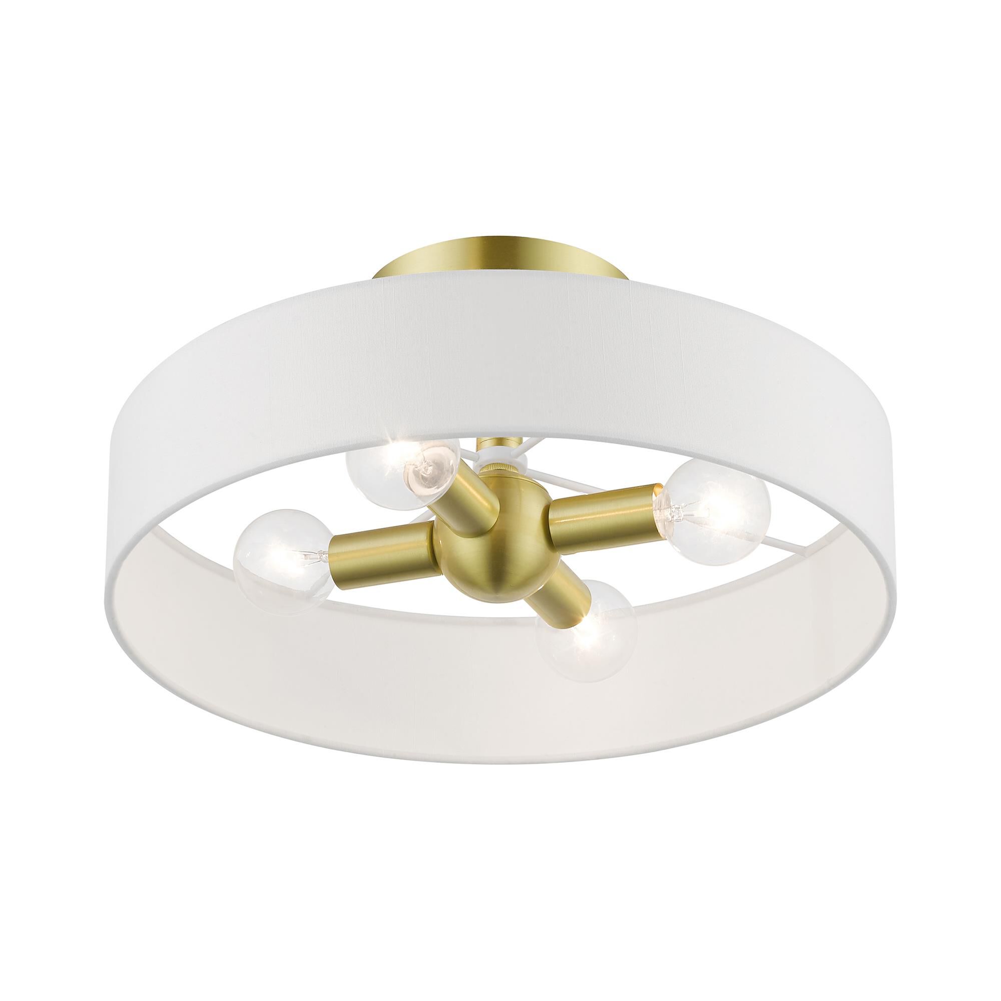 Shown in Satin Brass with Shiny White Accents finish and Hand Crafted Off-White Hardback Fabric shade