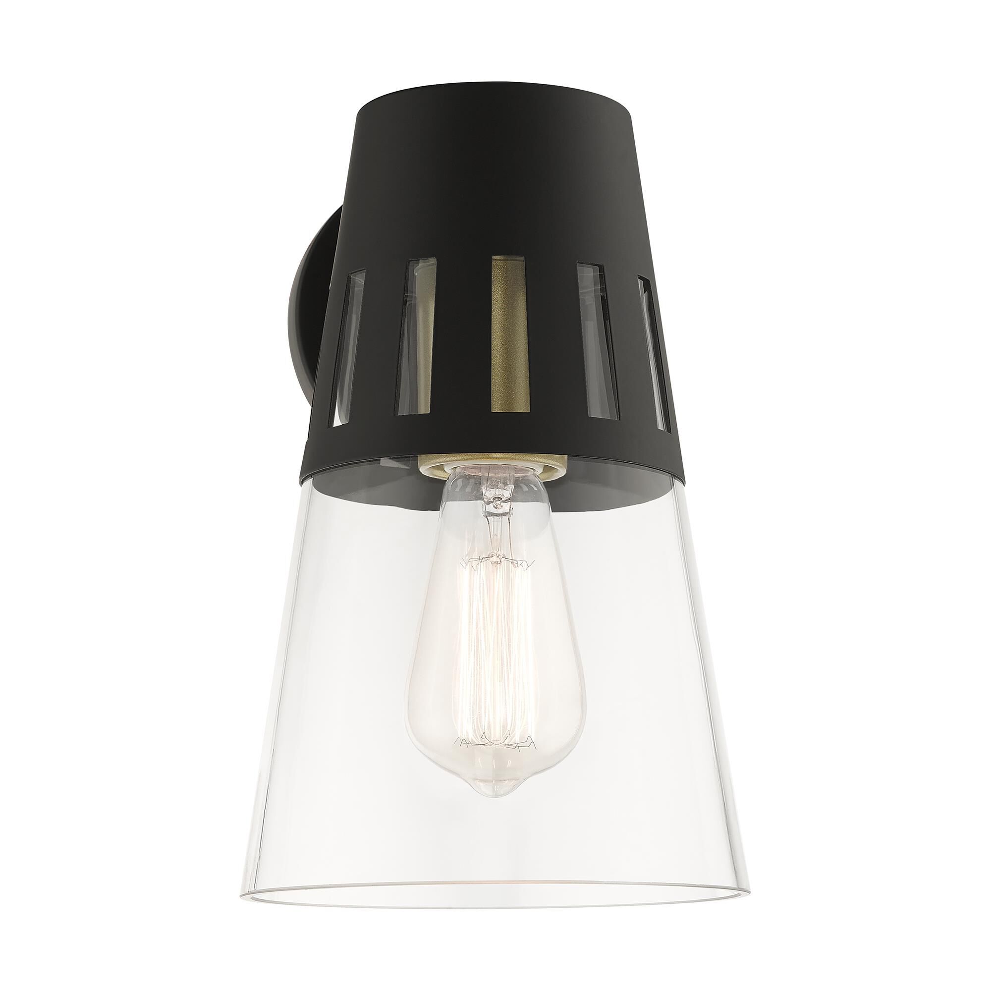 Shown in Black with Soft Gold Accents finish and Hand Blown Clear  glass