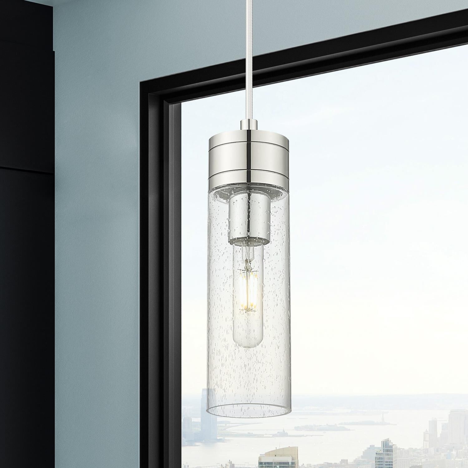 Shown in Polished Chrome finish and Seedy glass