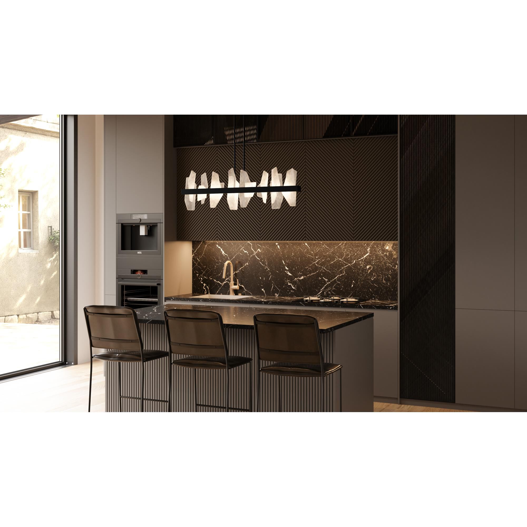 Shown in Matte Black finish and White Swirl glass