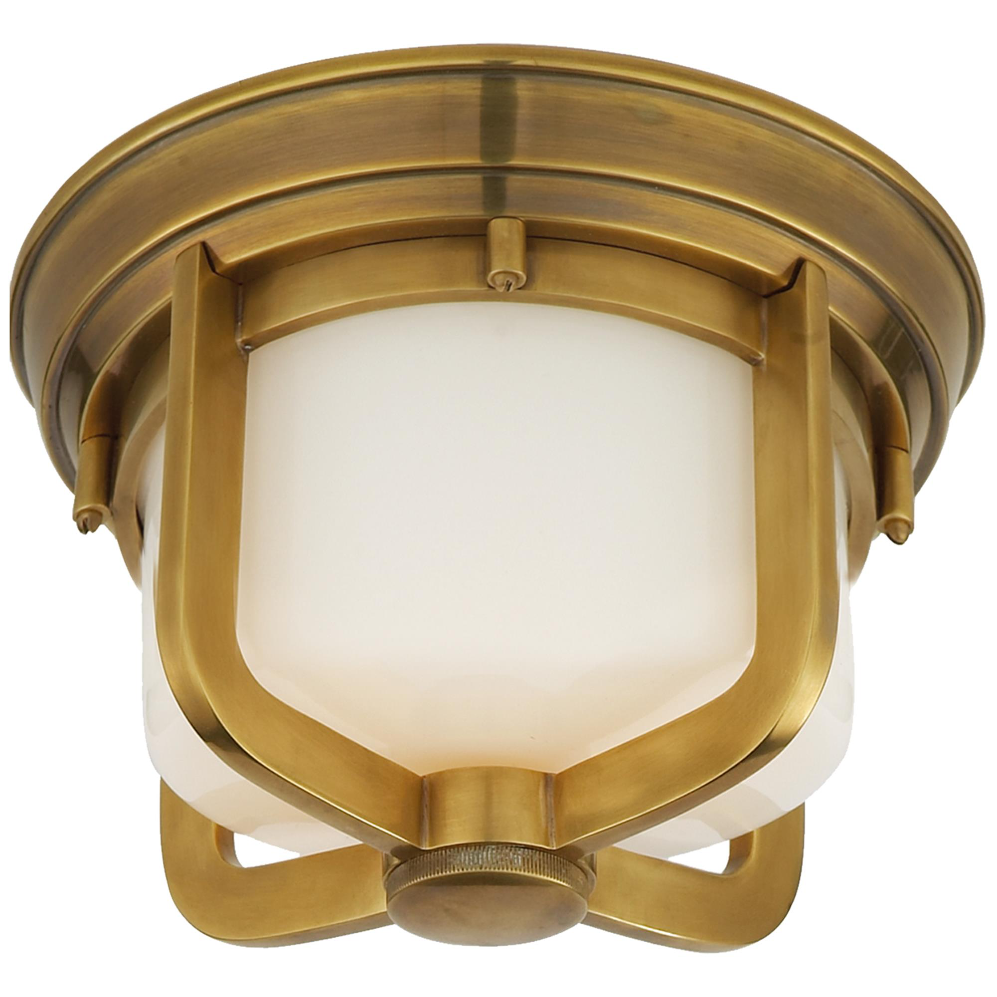 Shown in Hand-Rubbed Antique Brass finish and White glass