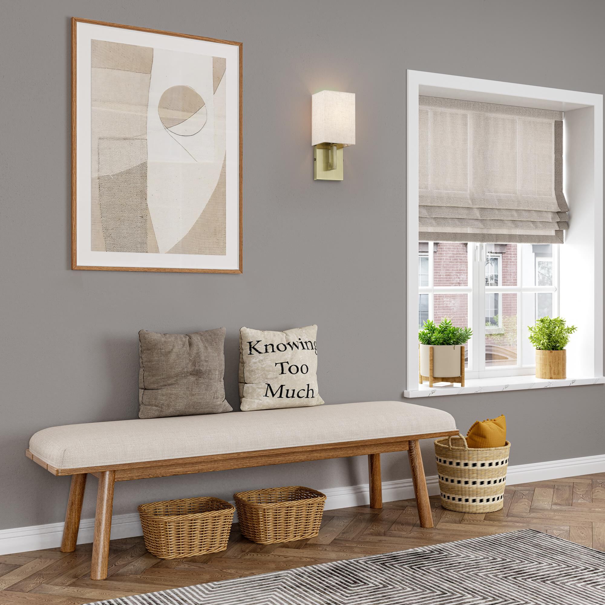 Shown in Antique Brass finish and Hand Crafted Oatmeal Color Fabric with White Color Inside shade