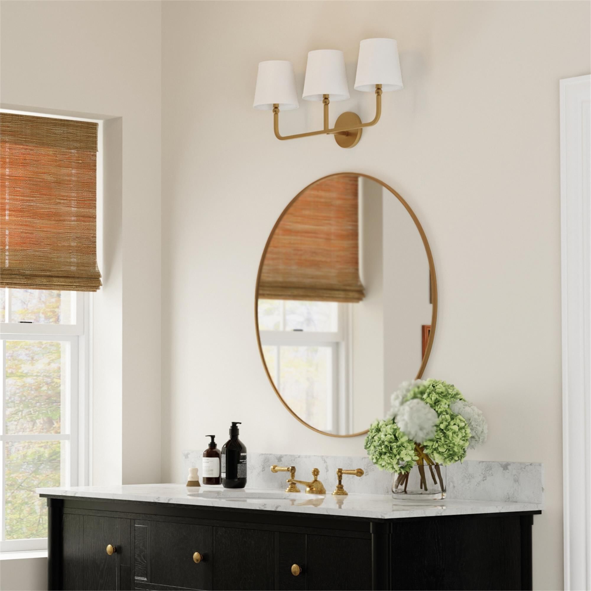 Shown in Aged Brass finish and White Fabric Stay-Straight shade