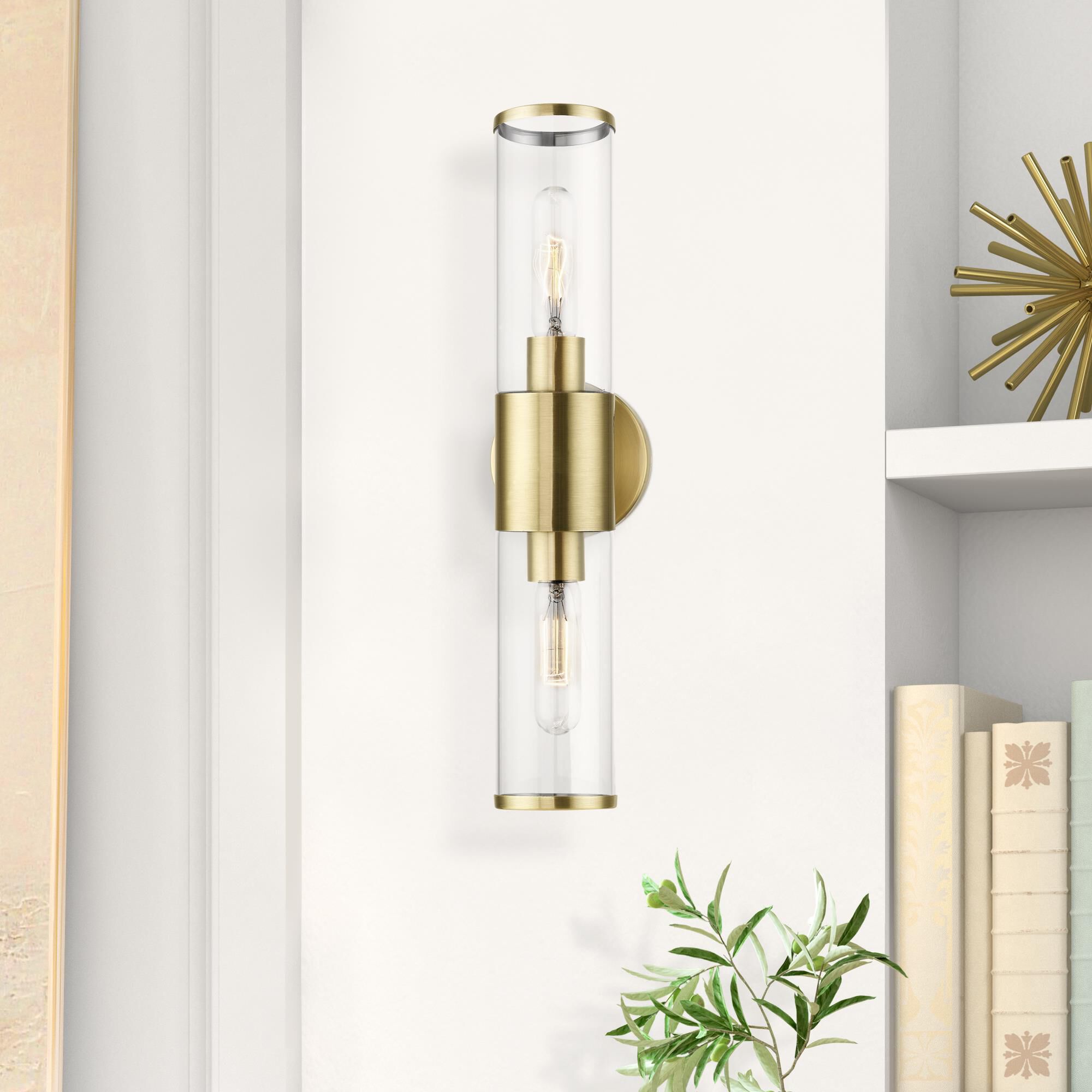 Shown in Antique Brass finish and Clear glass and Clear Glass shade