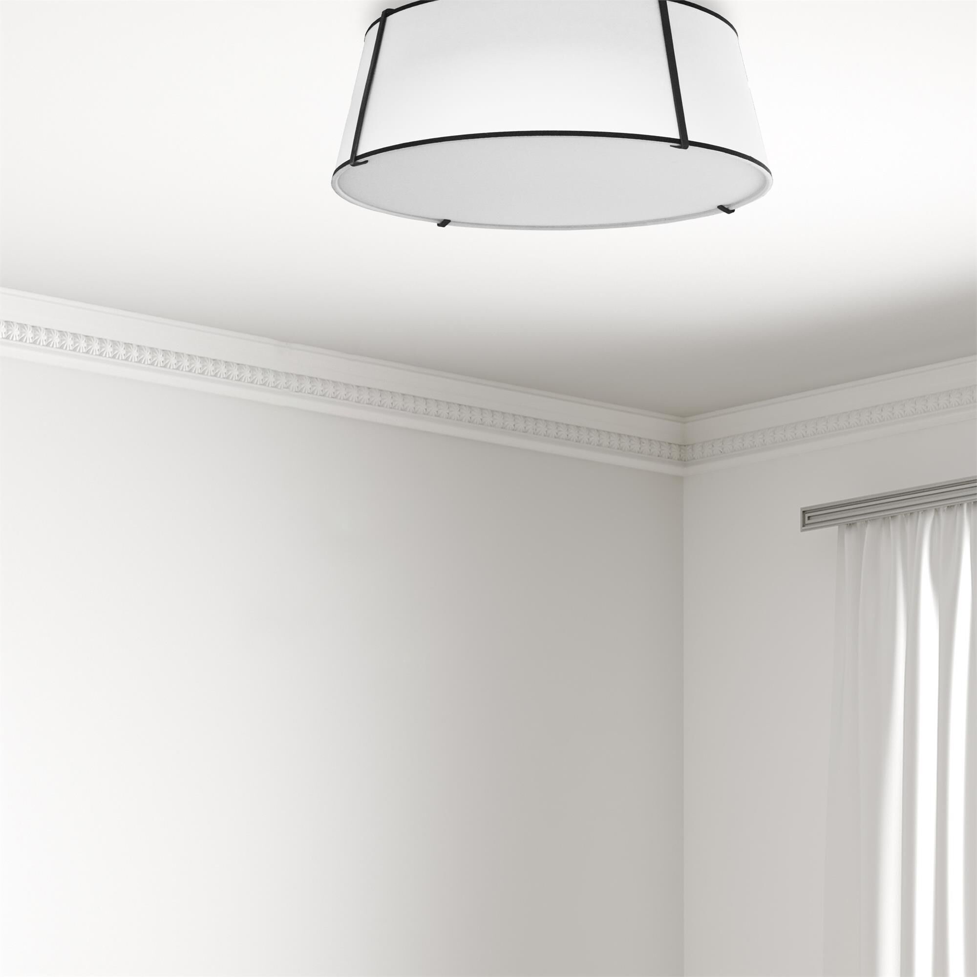 Shown in White and Black finish and White Fabric Tapered Drum shade