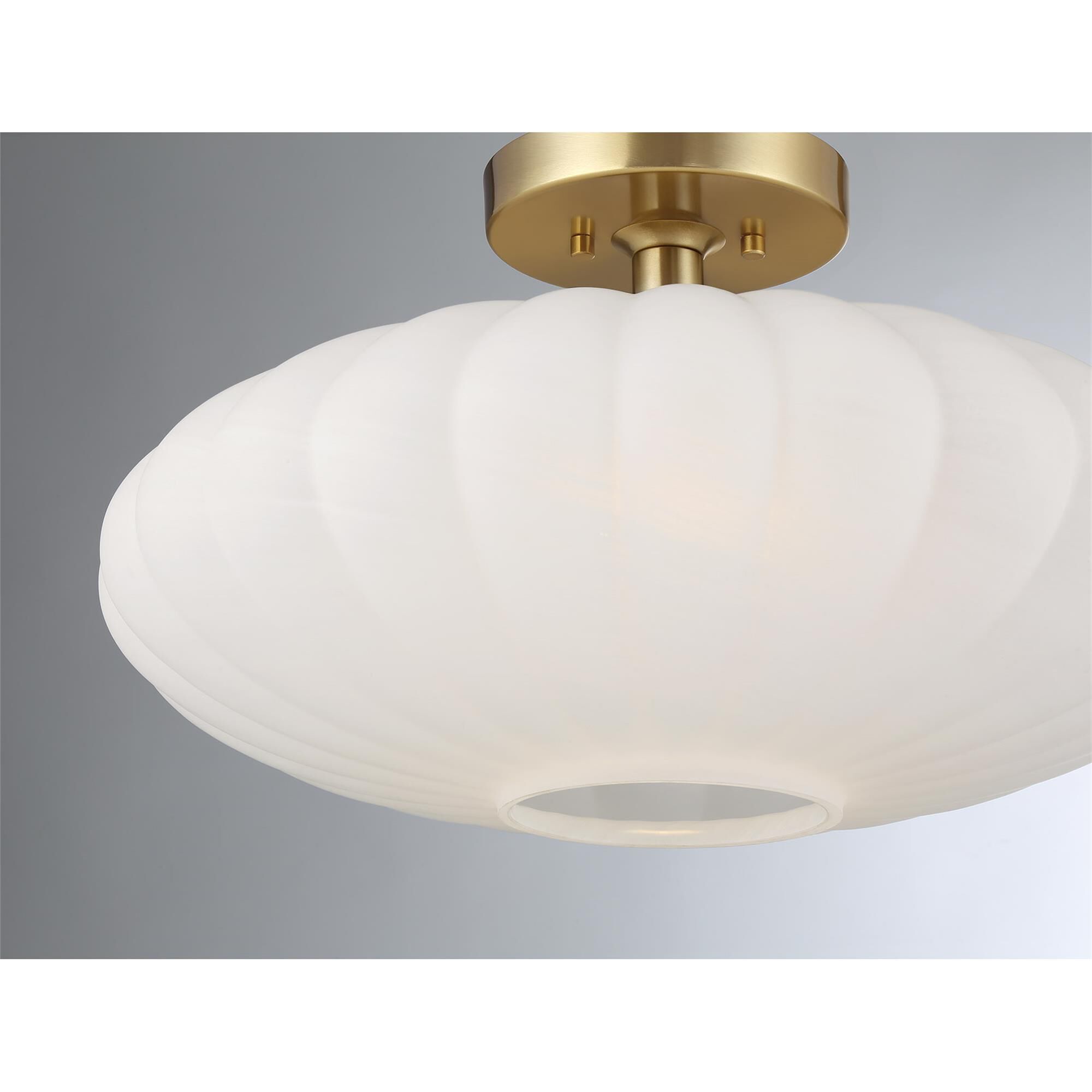 Shown in Natural Brass finish and White Strie glass