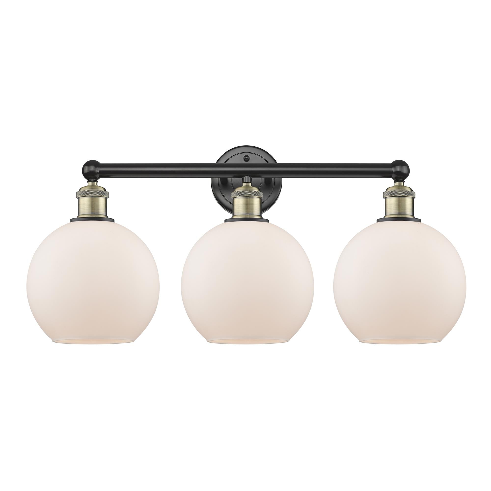 Shown in Black Antique Brass finish and Matte White glass