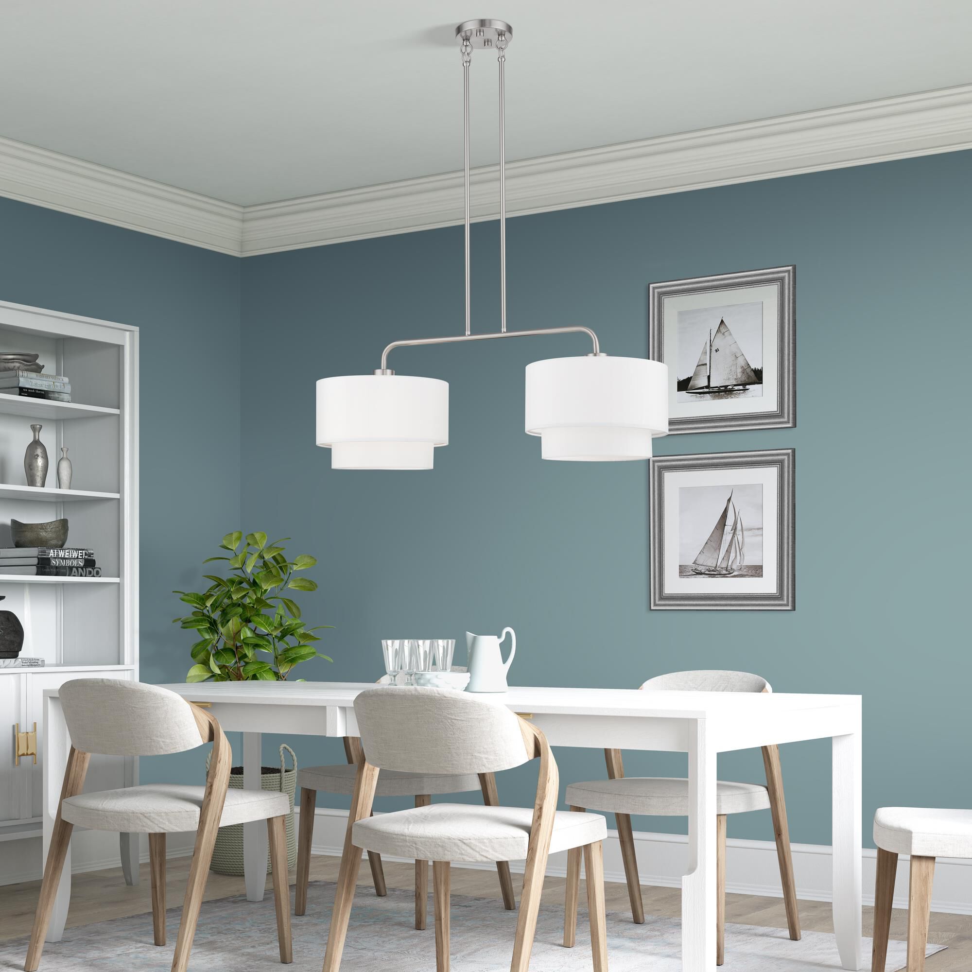 Shown in Brushed Nickel finish and Hand Crafted Off-White Fabric Hardbacks with White Fabric Inside shade