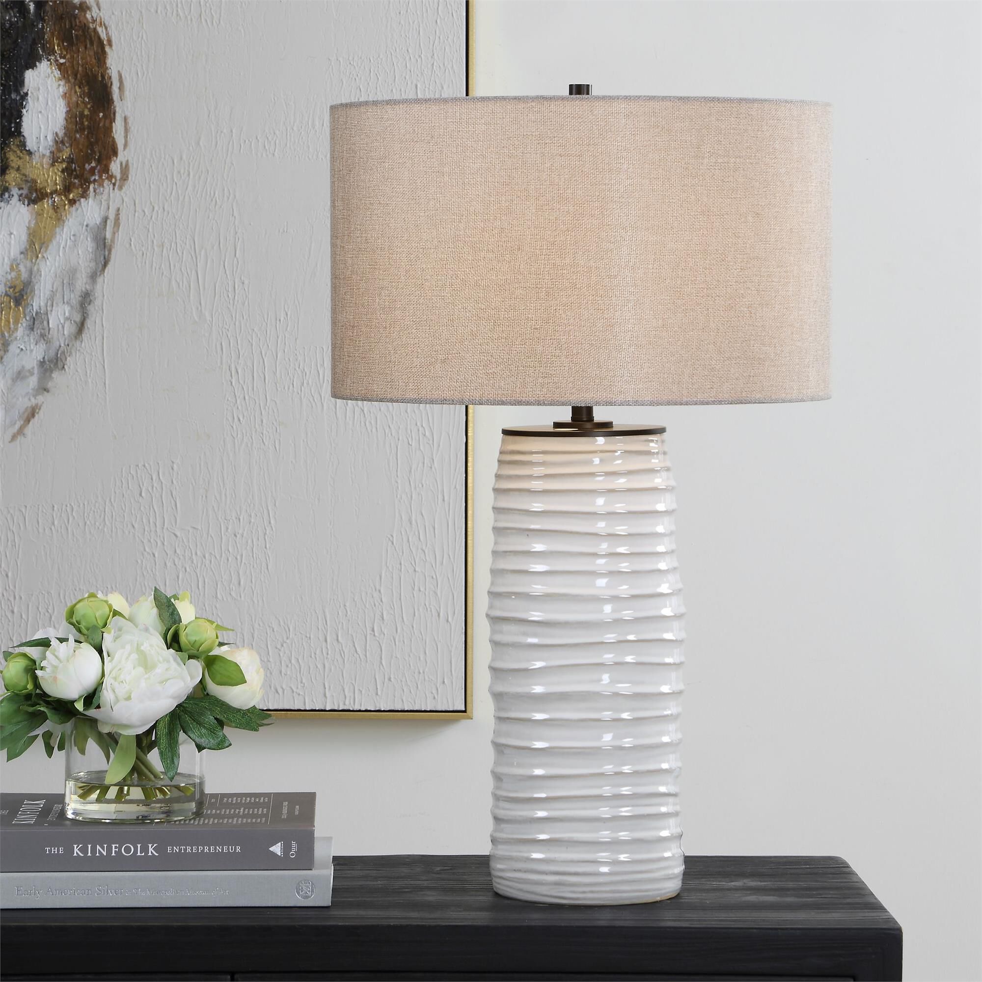 Shown in Black, Gray, White finish and Drum Hardback Rolled Edge shade