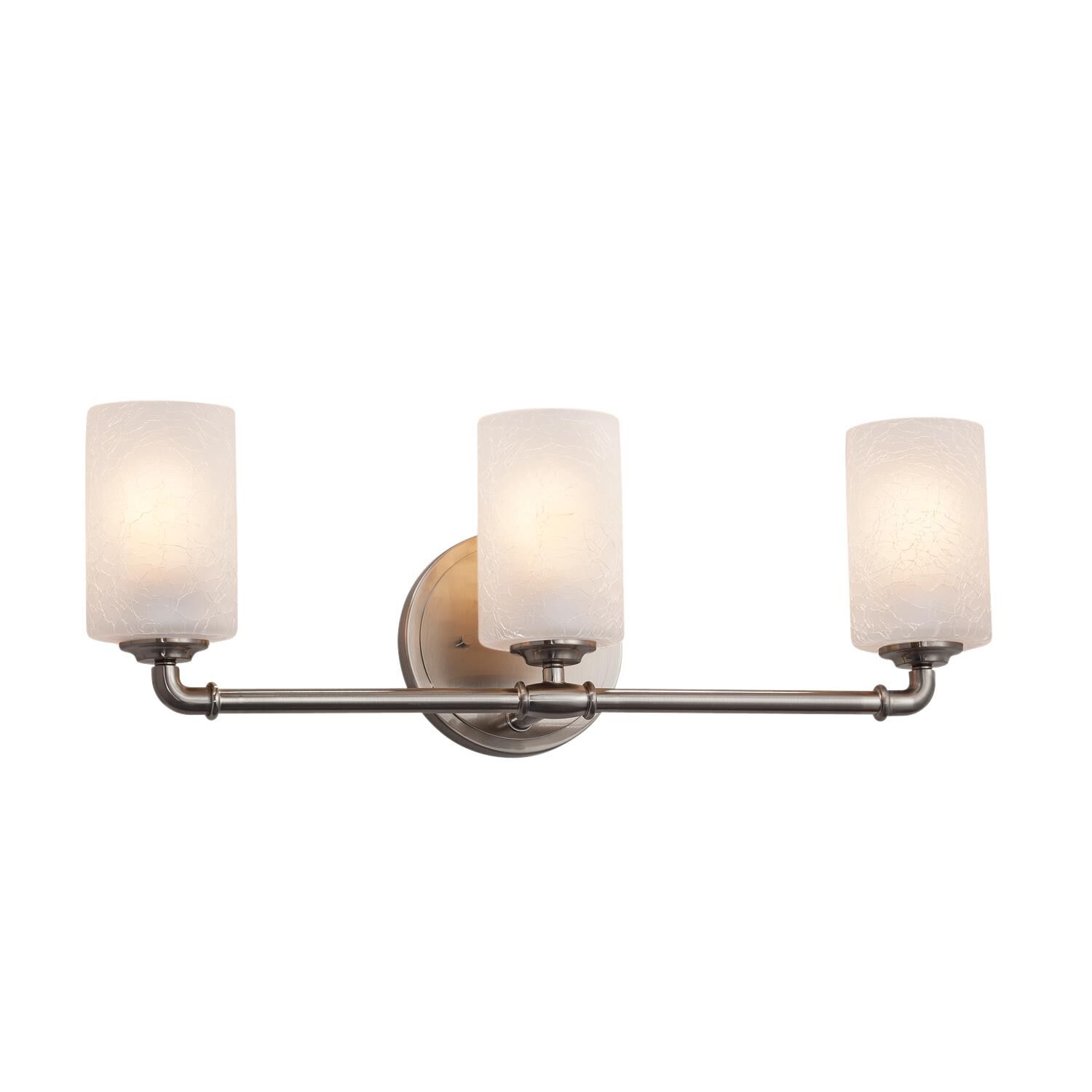 Shown in Brushed Nickel finish and Artisan glass and Frosted Crackle shade and Cylinder with Flat Rim accent