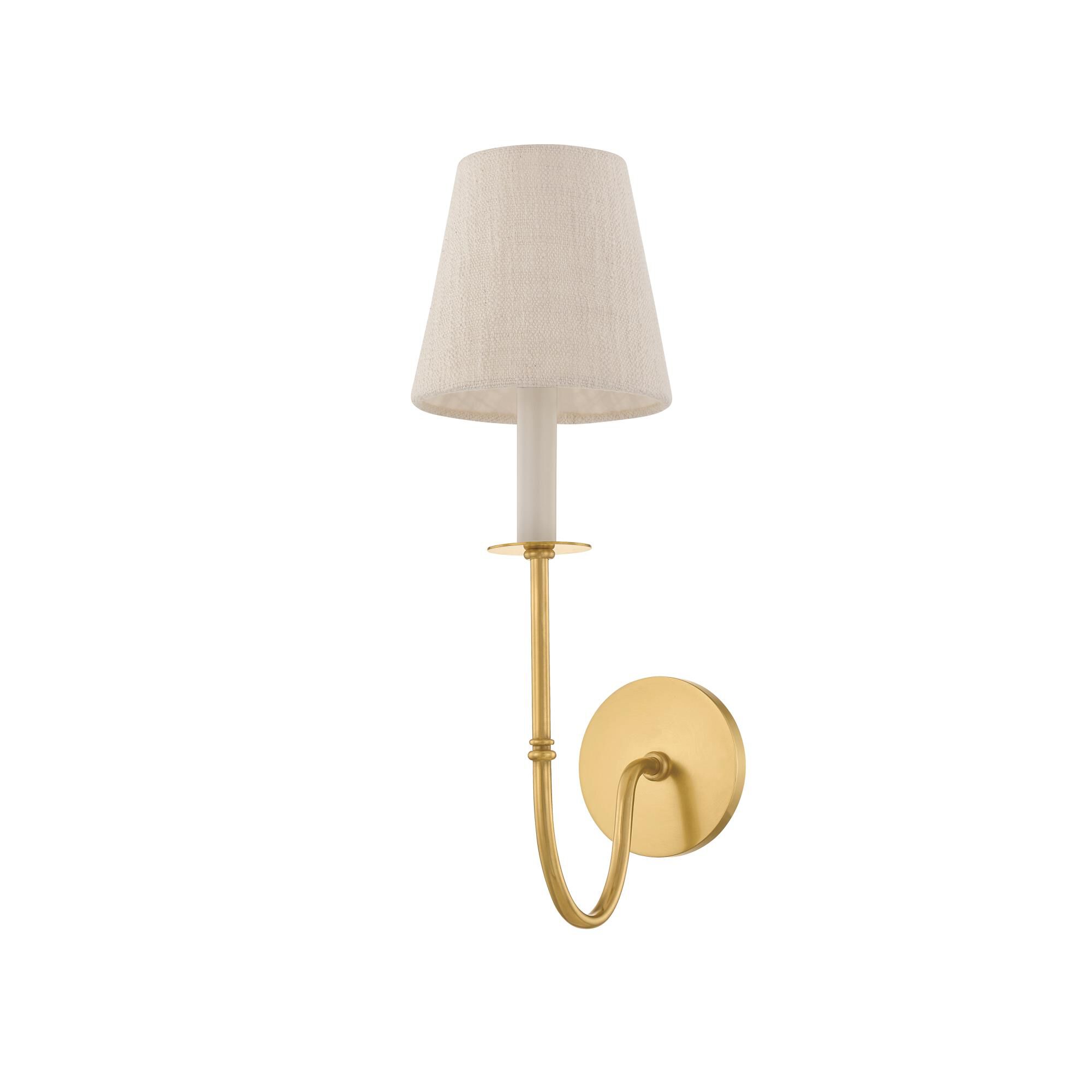 Shown in Aged Brass finish and Textured Linen shade