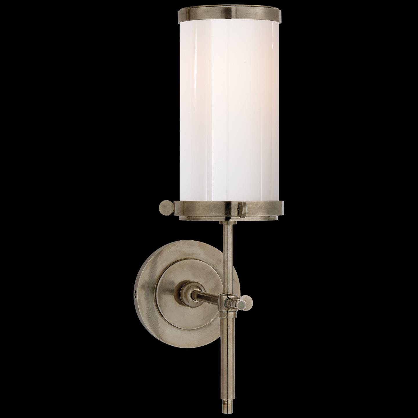 Shown in Antique Nickel finish and White glass and White Glass shade and Polished Nickel accent