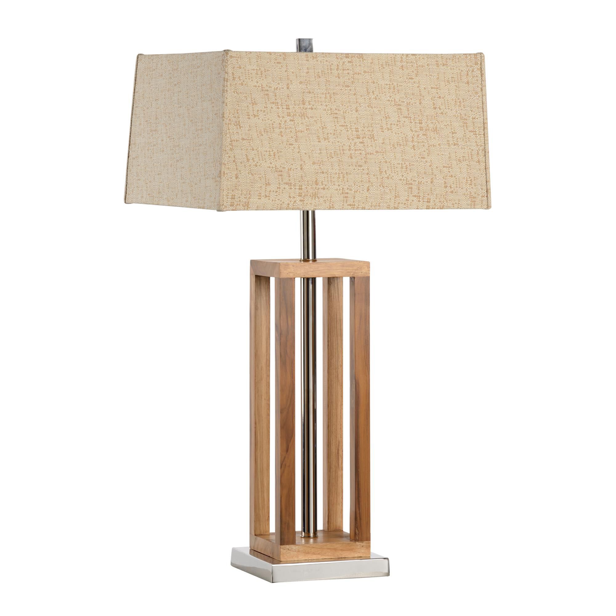 Shown in Brown Wood and Nickel finish and Coarse Linen shade